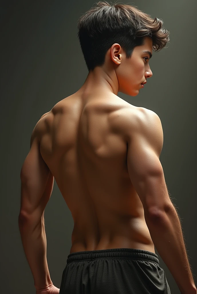 masterpiece, best quality, high quality, intricate details, perfect lightings, 1boy, solo, male focus, standing back, backward to viewers, showing huge male butt, round muscular ass, a young handsome muscular Vietnamese boy, male model, flexing, mischievous, naughty, detailed eyes, detailed face, smooth hair, realistic skin, perfect hands, sexy, wearing nothing, completely naked, outdoors, sunset, beautiful scenery