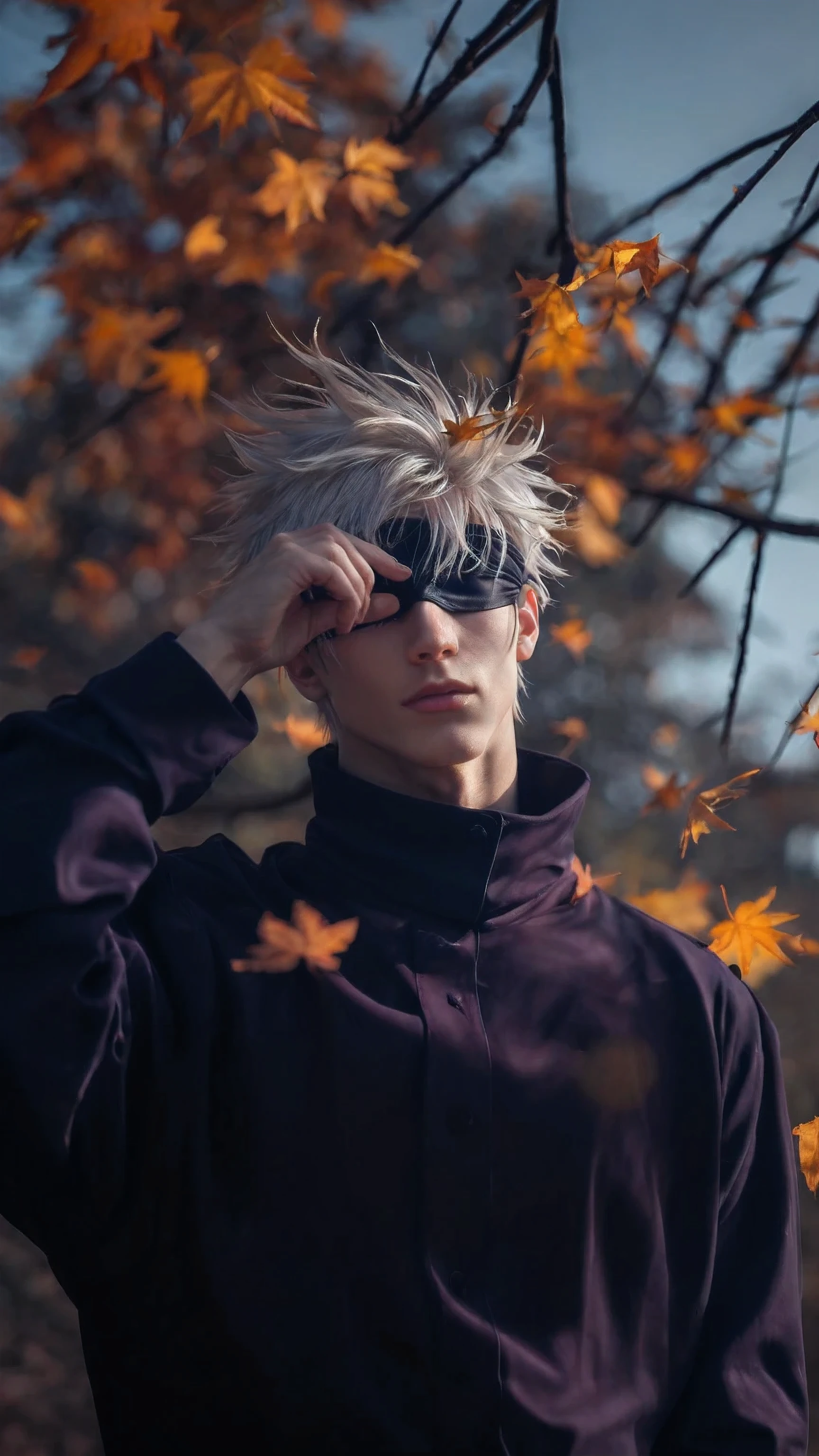 score_9, score_8_up, score_7_up, source_anime, detailed, wallpaper, beautiful details, gojo satoru, jujutsu kaisen, 1man, male focus, ultra realistic, hyper detailed portrait of a handsome young man with pale flawless skin, spiky silver-white hair gently blown by the wind, wearing a sleek dark high-collar jacket, lifting a black blindfold with his right hand, soft focused autumn background, golden orange maple leaves floating in the air, calm and slightly mysterious facial expression, warm natural lighting, bokeh effect, cinematic tone, depth of field, photo-real style