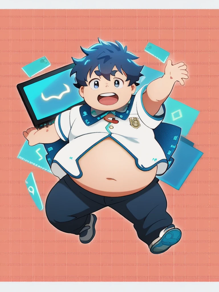 Full Body Blue, Body Noise-Sensing, as a computer folder, Wearing School Uniform, chubby , cute, with a big belly to reveal clothes, junior high school student, Fatty, No Glasses , With hair, Overweight, Big belly, anime style