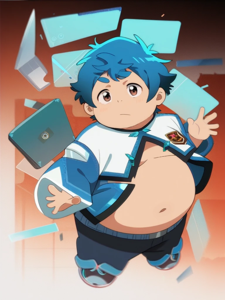 Full Body Blue, Body Noise-Sensing, as a computer folder, Wearing School Uniform, chubby , cute, with a big belly to reveal clothes, junior high school student, Fatty, No Glasses , With hair, Overweight, Big belly, anime style