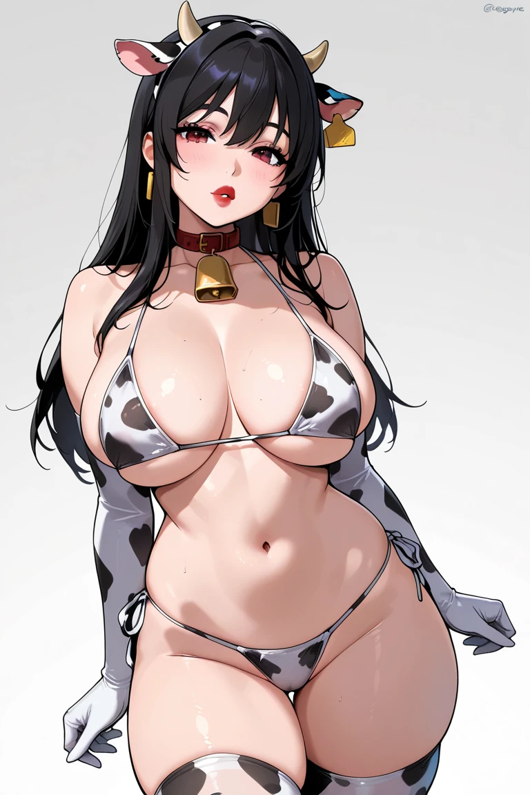 (masterpiece:1.4), (Highest quality), (detailed) Break 1 Girl, Animal ears, Animal print, Bell, bikini, Black Hair, chest, Cow's ear, Cowgirl, cow horn, Cow pattern, cowBell, gloves, Grin, horn, large chest, Long Hair, belly button, print bikini, Purple eyes, side-tie bikini bottom, smile, alone, Stomach, Swimwear, Thigh straps, white gloves、bed、((night:1.8, bedルーム、Love Hotel、:1.8, Pink lighting:1.6))