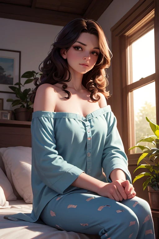 crie uma imagem realista de uma influenciadora digital chamada Sarah. She's a beautiful 23-year-old, possui pele morena parda, and is wearing a yellow and sexy sweater. The image should depict her sitting on the bed, with a beautiful friendly and friendly smile. Her appearance is that of a confident and attractive woman, com um peso de aproximadamente 80 quilos e uma pele lisa e bonita.