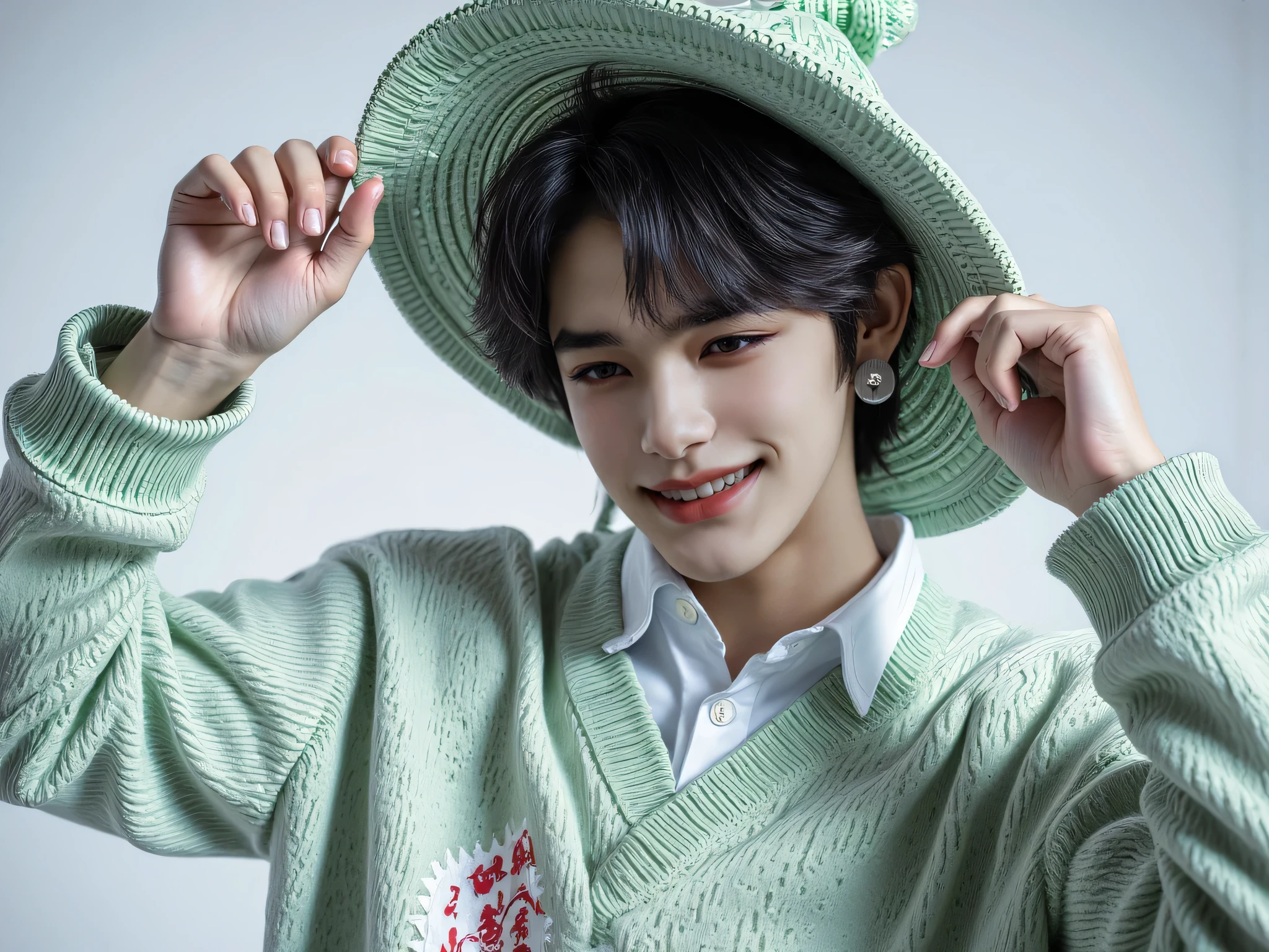 20 year old man, very handsome, Chinese Series Stars, white, handsome face, super slim, หน้าคนclear, Look at the camera,  Sweet Smile, Left Hand Raised, The left hand holds a hat with ears adorned with the Pikachu of the sweater., Close your left eye, Wink, smiles, sees the teeth, cute, Mad Mafia, ผมสีดำ, messy classic hair-style, side hair style, ผมสีดำ, I'm up , Business Hairstyles, short hair, Masterpiece, Best Quality,  a man, confident posture, Detailed image, clear, Shiny, very handsome, Cold Tea Face Paint, Wear a pyravet dress, Pikachu Sweater Outerwear, Pokemon, Pikachu Cosplay ,one man, reflect, top body model, Display Area Background, Cosplayer Event, องค์ประกอบclear, front view.