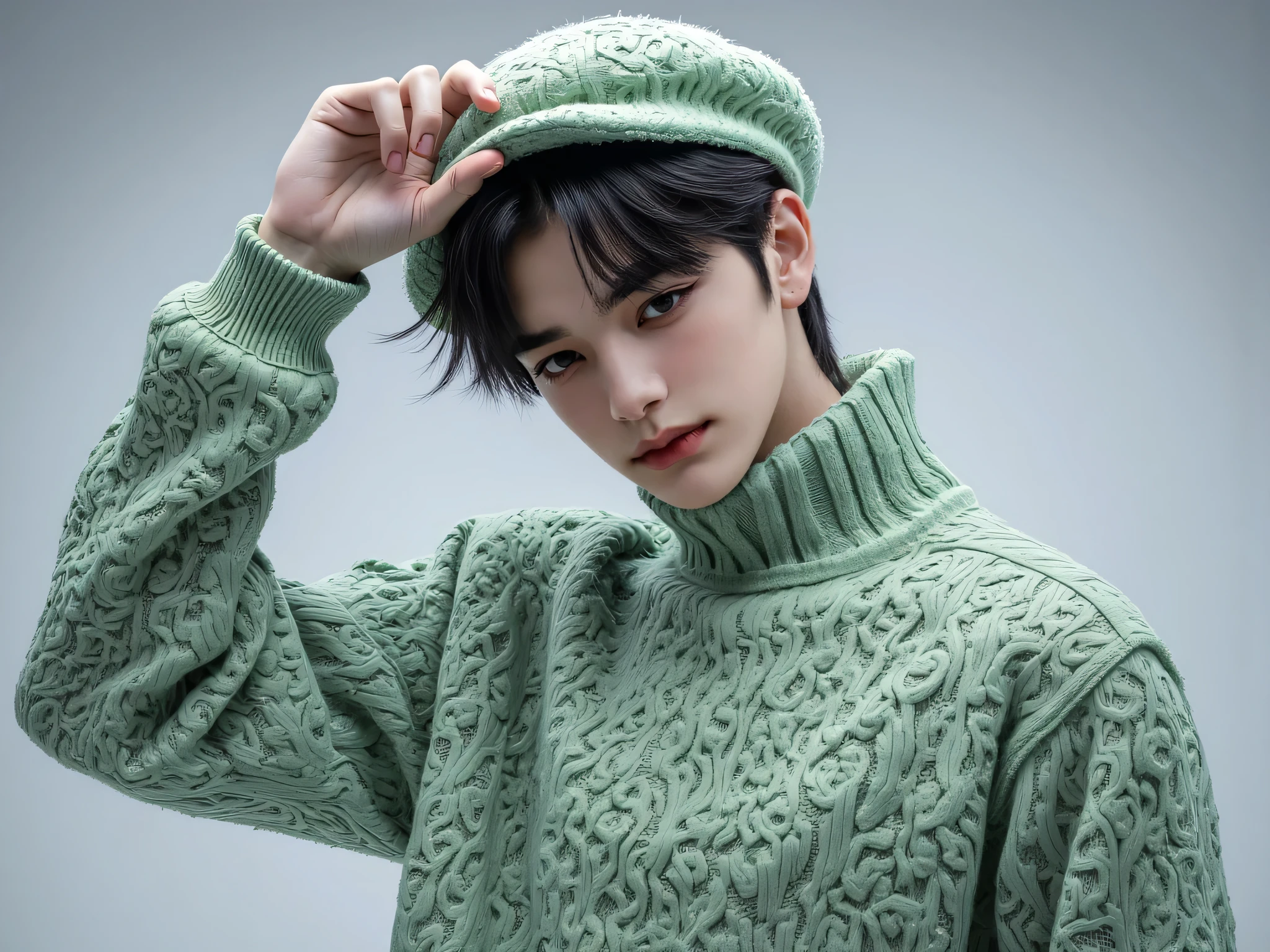 20 year old man, very handsome, Chinese Series Stars, white, handsome face, super slim, หน้าคนclear, Look at the camera,  Sweet Smile, Left Hand Raised, The left hand holds a hat with ears adorned with the Pikachu of the sweater., Close your left eye, Wink, smiles, sees the teeth, cute, Mad Mafia, ผมสีดำ, messy classic hair-style, side hair style, ผมสีดำ, I'm up , Business Hairstyles, short hair, Masterpiece, Best Quality,  a man, confident posture, Detailed image, clear, Shiny, very handsome, Cold Tea Face Paint, Wear a pyravet dress, Pikachu Sweater Outerwear, Pokemon, Pikachu Cosplay ,one man, reflect, top body model, Display Area Background, Cosplayer Event, องค์ประกอบclear, front view.