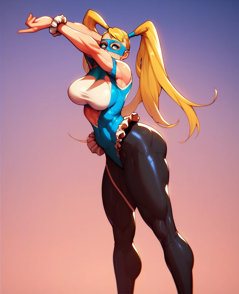 sunnymiamitf, huge breasts, narrow waist, wide hips, teeth, sunglasses, cassie, theycallhimcake, blonde hair, very long hair, braid, bow, striped shirt, red shorts, gigantic breasts, blue shirt