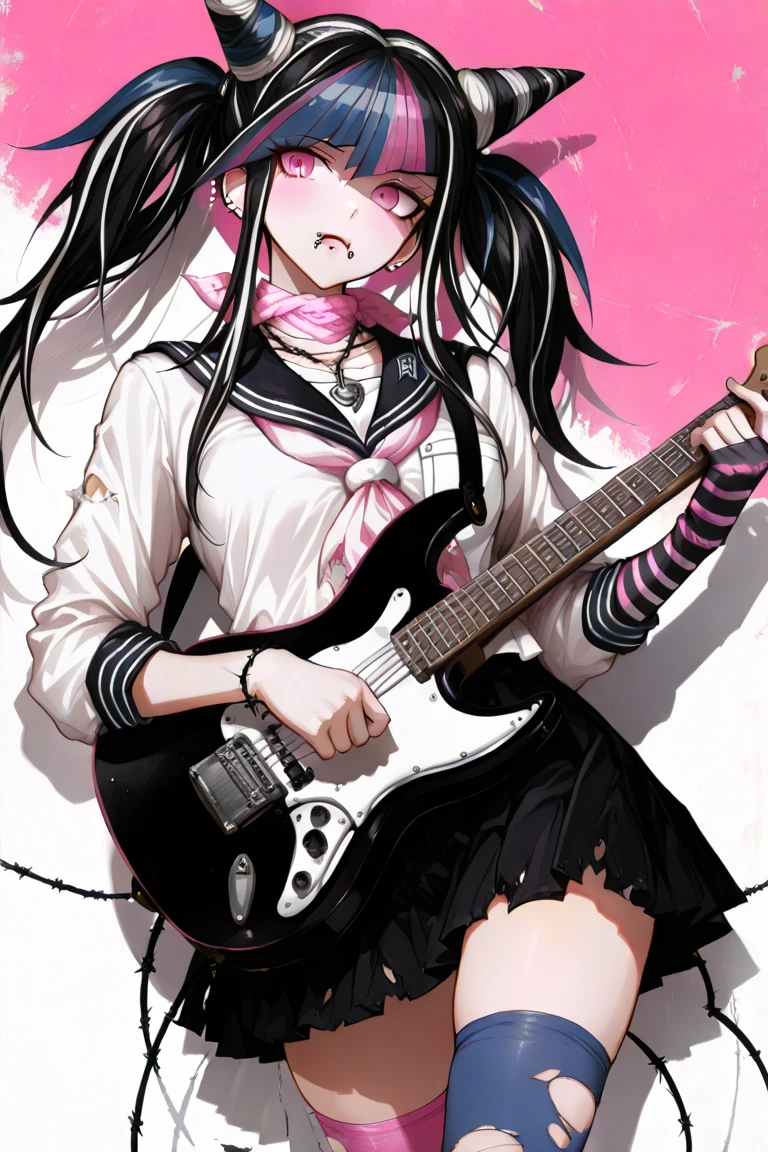 (masterpiece, best quality), 1girl, 16yo, realistic, black dress, red tie, goth, (red panties), upskirt, (red electric guitar), standing, vibrant colors, abstract background, lines geometric, night, dark theme, high contrast, deep shadows