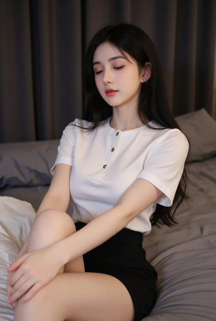 Japanese、high school student、Beauty、Facing forward、Kind eyes、Smiling Kindly、He is wearing a long navy blue short-sleeved polo shirt、She is wearing a grey tight long skirt、Sitting in a chair、Hands behind back、((Her white underwear is visible between her skirt and legs.))、(Wearing white panties)、She is facing the camera with both knees together.、Anatomically correct body、