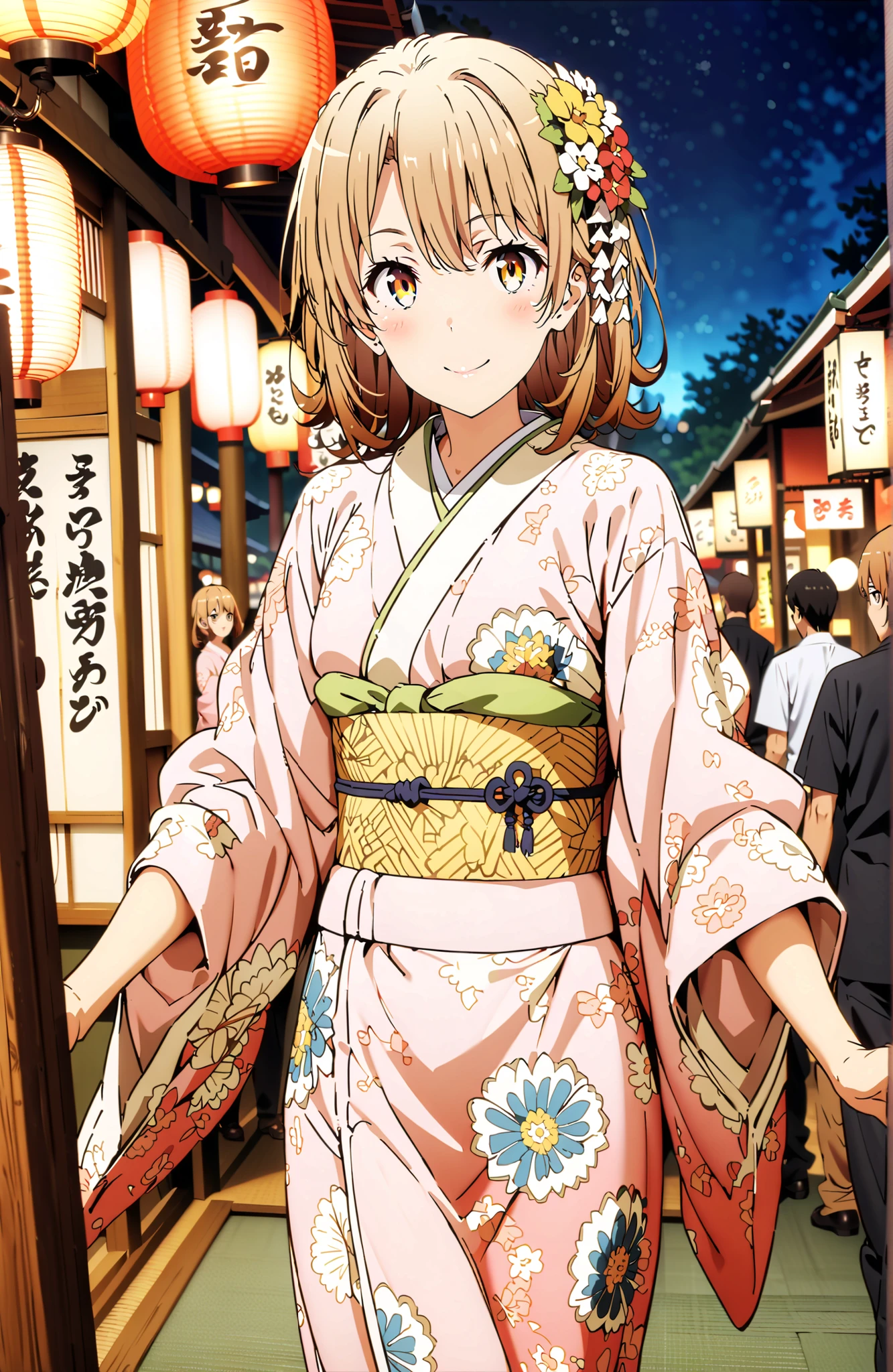 score_9, score_8_up, score_7_up, source_anime,
Iroha Isshiki, short hair, brown hair, brown eyes in the bedroom,flower hair ornament with ears,Yellow flower pattern kimono ,smile,blush,mouth,Light up fireworks,Red Lantern,Japanese stalls ,standing,night,in their 40s outdoors, Japanese Festival,
in their 40s looking at viewer,full body,
in their 40s (masterpiece:1.2), best quality, high resolution, Unity 8Kの壁紙, ( 's art :0.8), (beautiful detailed eyes:1.6), very detailed face, perfect lighting, Highly Detailed CG, (perfect hand in h, Completed),