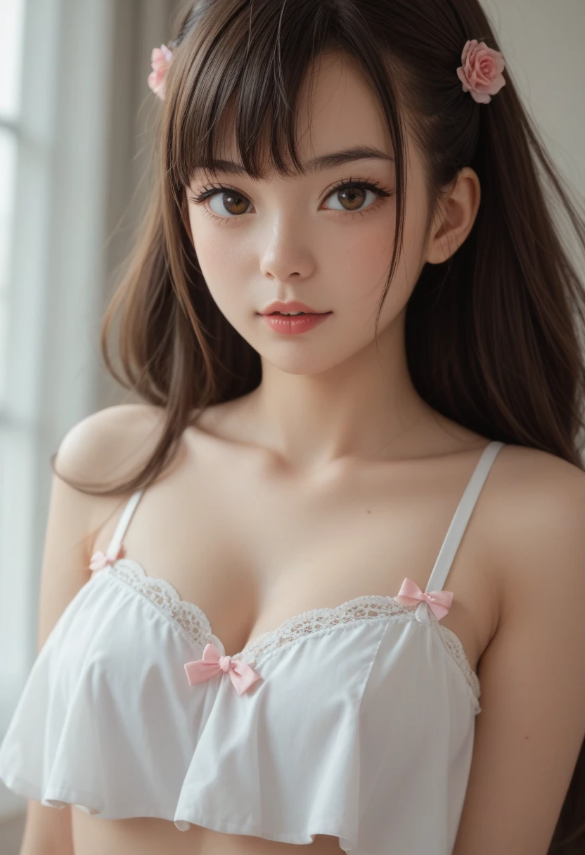 (Raw photo:1.2), (Photorealistic), Beautiful detailed girl, Very detailed eyes and face, Beautiful detailed eyes, Huge file size, High resolution, Very detailed, Best Quality, [masutepiece:1.6], Illustration, Very detailed, Fine detail, Best Quality, 8K Wallpaper, Movie Lighting,15 year old schoolgirl, Low-cut neck shirt, Mini skirt, Show off , (White ruffled bra), Schoolgirl, downbrouse, on train, (Peeking from behind), Top-down angle, tiny chest, Loose T-shirt,downbrouse, Loose T-shirt, Leaning forward