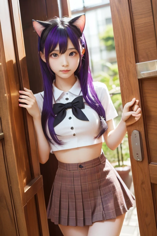 Small face、 (alone:1.5,)Very detailed,Bright colors, Very beautiful and detailed anime faces and eyes, Look straight,  Shiny_skin,girl, (((Rainbow Hair, Colorful Hair, Half blue、Half Purple Hair: 1.2))), 、Shiny hair, Delicate and beautiful face, blush、Glasses、(Turquoise Eyes), , Valletta, Earrings,、garden、sunset、(（(Stylish lace mini skirt,Translucent shirt)))、（Twin tails）、smile、smile、Face dyed red、hilarious pose、dynamic、
