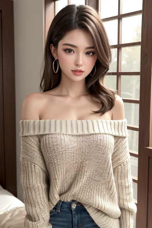 (8k、original photo、top quality、Masterpiece:1.2)、(realistic、Realism:1.37)、1 girl、Japanese、25 years old、woman、(late at night)、Moonlight night、one room、The view of the city can be seen from the window、high key lighting、studio lighting、face lamp、(Viewed from the front)、photon mapping、radio city、(Full body female love)、( naked)、dark brown hair、Detailed faces、Detailed lips、Detailed eyeore skins、double eyelids、(huge :1.4)、A necklace、(camel toe)、Perfect body、shiny skin、(stand)、((off shoulder sweater lift:1.5))、silly face、Make eye contact with the camera,