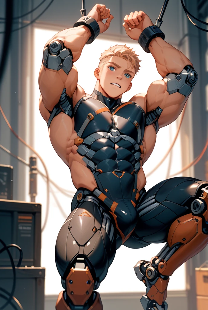 A tall muscular boy , Naked , Legs spread , impact , Sweaty , Wet , Seductive , Bigboobs , large bulge , big balls , look from down , From the knees , big assa,mechs,Punk style