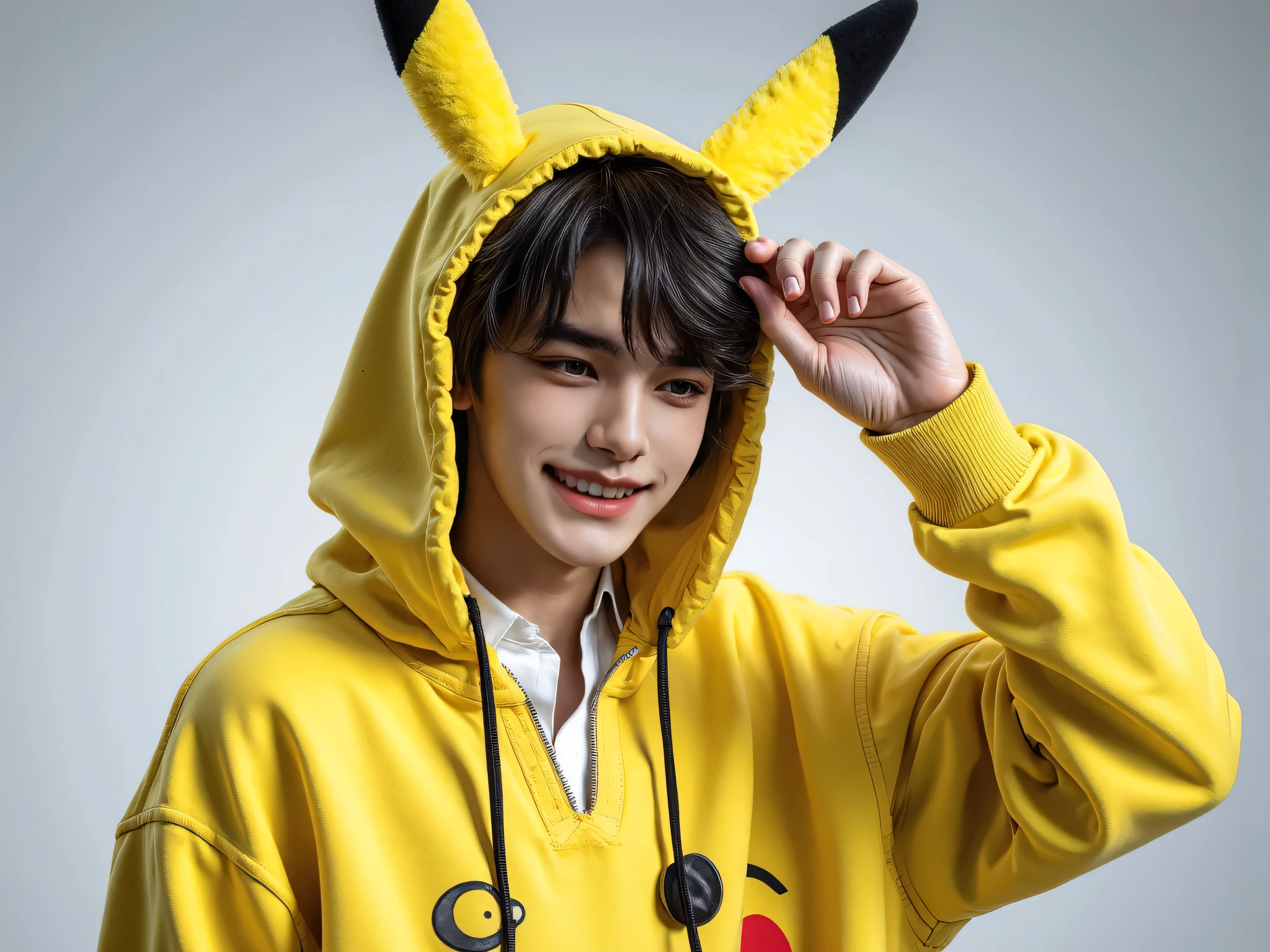 20 year old man, very handsome, Chinese Series Stars, white, handsome face, super slim, หน้าคนclear, Look at the camera,  Sweet Smile, Left Hand Raised, The left hand holds a hat with ears adorned with the Pikachu of the sweater., Close your left eye, Wink, smiles, sees the teeth, cute, Mad Mafia, ผมสีดำ, messy classic hair-style, side hair style, ผมสีดำ, I'm up , Business Hairstyles, short hair, Masterpiece, Best Quality,  a man, confident posture, Detailed image, clear, Shiny, very handsome, Cold Tea Face Paint, Wear a pyravet dress, Pikachu Sweater Outerwear, Pokemon, Pikachu Cosplay ,one man, reflect, top body model, Display Area Background, Cosplayer Event, องค์ประกอบclear, front view.
