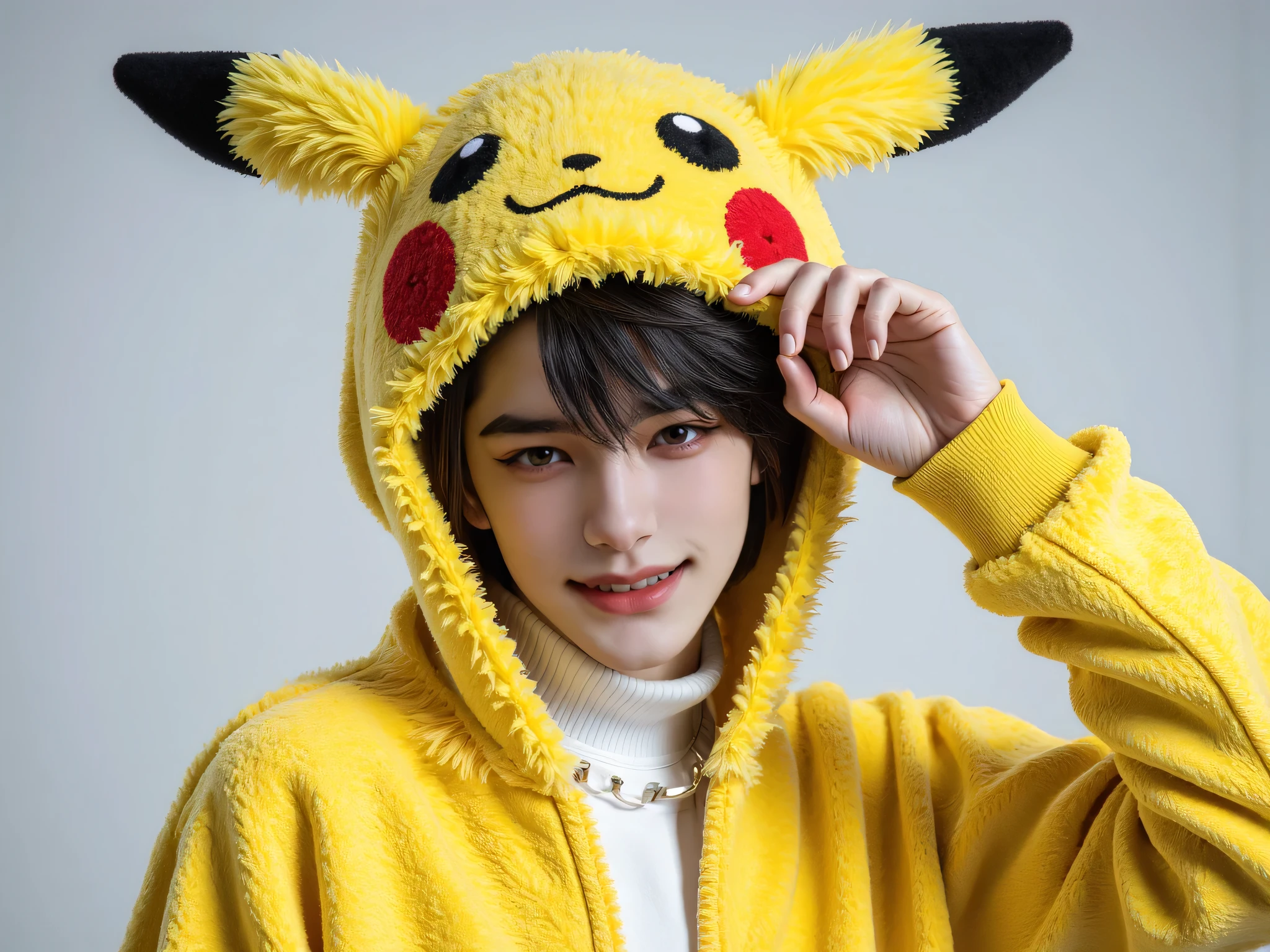 20 year old man, very handsome, Chinese Series Stars, white, handsome face, super slim, หน้าคนclear, Look at the camera,  Sweet Smile, Left Hand Raised, The left hand holds a hat with ears adorned with the Pikachu of the sweater., Close your left eye, Wink, smiles, sees the teeth, cute, Mad Mafia, ผมสีดำ, messy classic hair-style, side hair style, ผมสีดำ, I'm up , Business Hairstyles, short hair, Masterpiece, Best Quality,  a man, confident posture, Detailed image, clear, Shiny, very handsome, Cold Tea Face Paint, Wear a pyravet dress, Pikachu Sweater Outerwear, Pokemon, Pikachu Cosplay ,one man, reflect, top body model, Display Area Background, Cosplayer Event, องค์ประกอบclear, front view.
