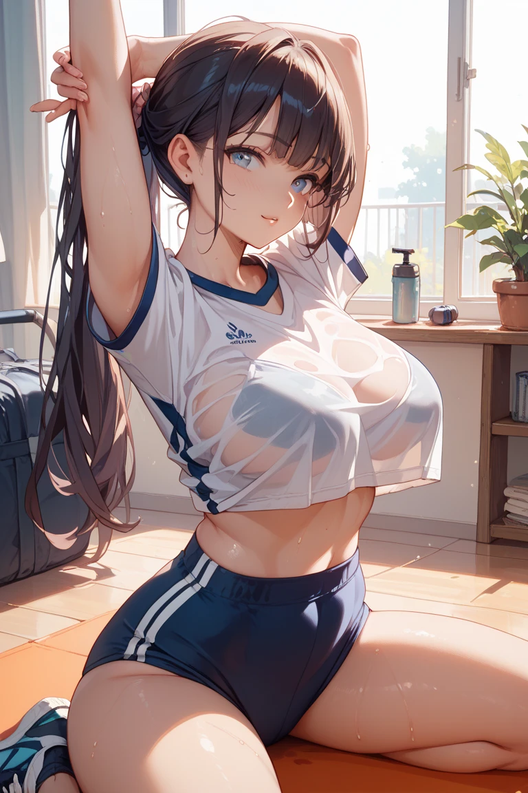 (masterpiece), (highest quality), (Very detailed), At the basketball venue, 1girl, blush, ((Lifting the basketball uniform:1.4)), Happy, View here, Big Hair, Brown Hair, shy,((slender)) ,anxiety, blush, smile, the body is slim,(Shiny skin), from the front, From above,Long wet ears, ((topless:1.4)),(Sit with your legs apart)、Raise your knees、Bend your legs、Full body photo、(Focus on the groin)、Exposing thighs、Keep your buttocks on the floor、(white thong),