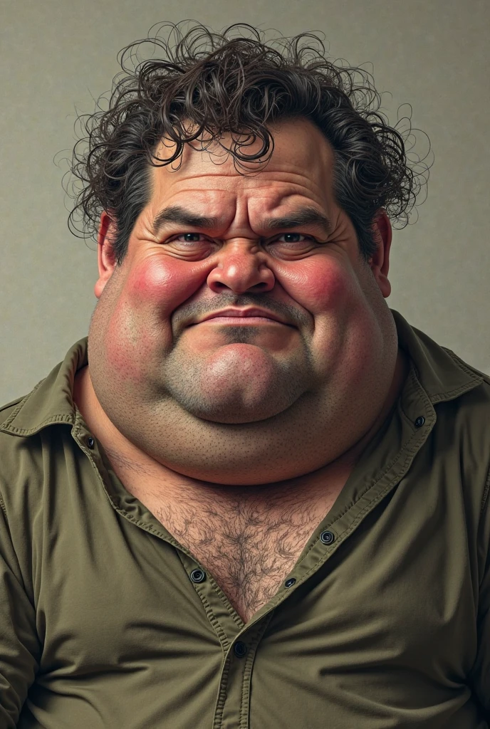 fat ugly man, age 46 years old, sweaty, clammy, starving, serious, portrait, from side, looking at viewer