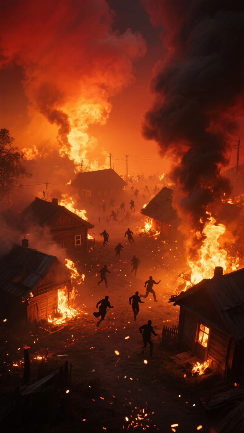 Scene of people fleeing a smoke fire, em chamas ao fundo, neve, frio, gelo, rua de cidade moderna central park, Cobblestones, piscinas lamacentas, Atmospheric, cinematographic, trending in artstation, escombros, Construction beams,Smoke Apocalypse Scenario, Afiada, Intrincado, Highly detailed patterns.