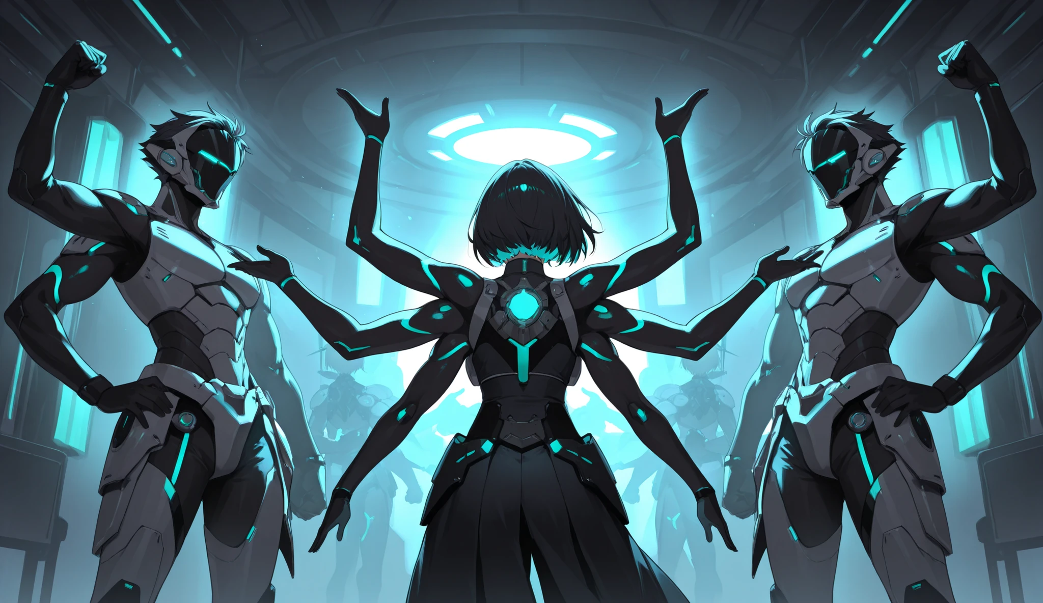 crazy atmosphere、Four arms（Two Arms Are Machines）、one Japanese woman、short hair、bright colors、masterpiece、Highest Quality、8k