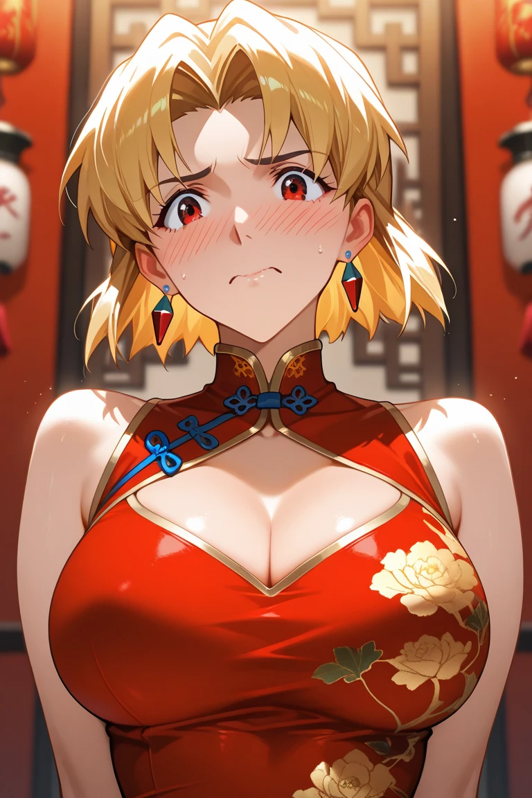 masterpiece, absurdres, best quality, ultra detailed, high Resolution, detailed illustration, bright colour, (extremely beautiful detailed face and eyes, Delicate beautiful face, 1 girl, cute face:1.3), (magenta eyes:1.1), sparkling eyes, big eyes, medium breasts, (perky breasts:1.1), (pointy breasts:1.1), medium hips, glamorous body, white skin, BREAK, long bob cut, (blonde hair:0.8), messy hair, detailed hair, shiny hair, BREAK (strapless China dress, down blouse:1.5), perfect lighting, (embarrassed:1.5), (ecstasy, vulgarity:1.5), (trembling:0.8), China house, from above,