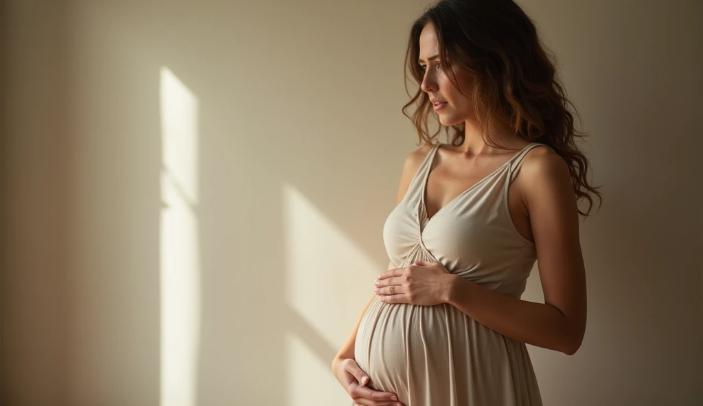 Pregnant blonde woman with a big pregnant belly wearing a tight dress sitting with her legs up