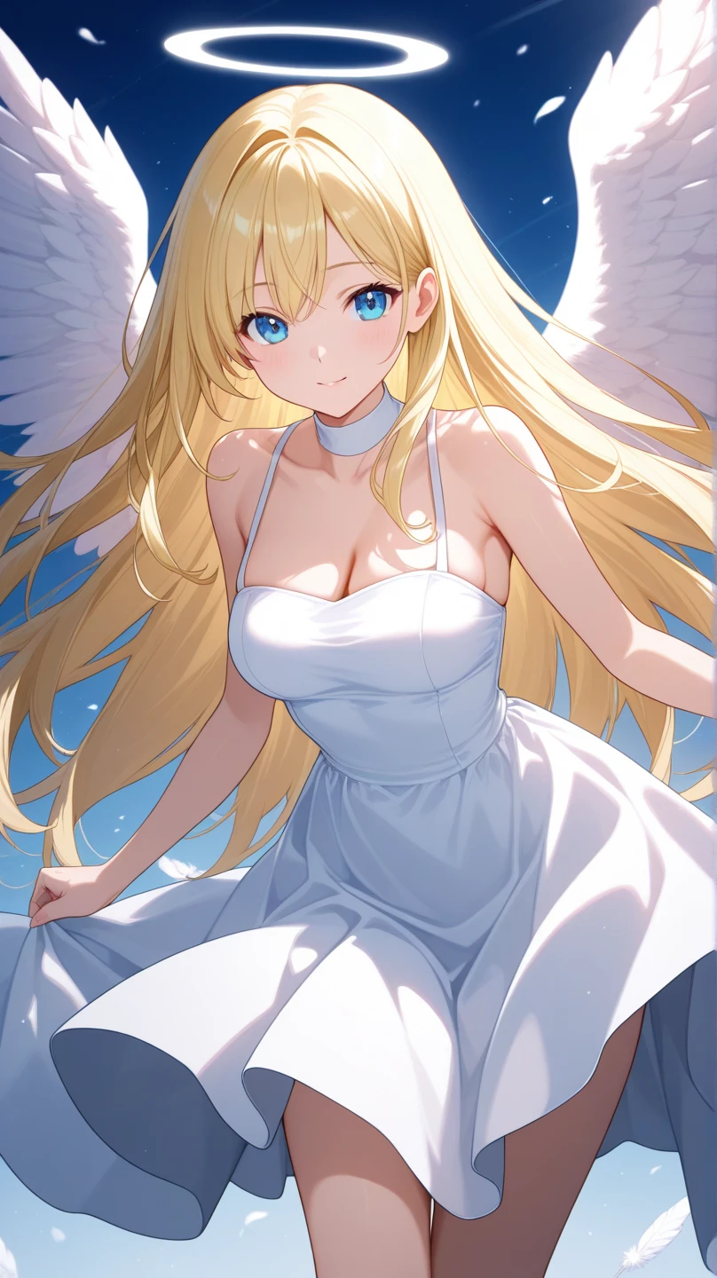 goddess on cloud sheer white lace dress long skirt huge breasts white blonde long hair god々A calm expression, sunlight, sparkling, pure, large areola, blue sky, wings on the back, strong wind, flower petals, wrapped in light