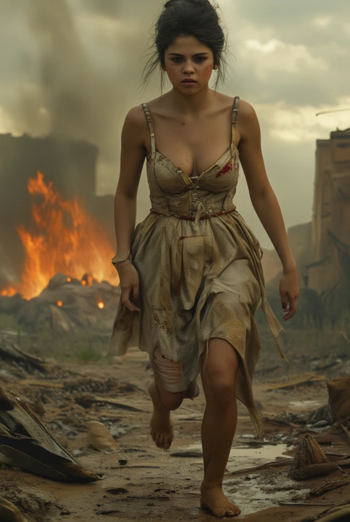 RAW photograph, Russian girl 18 years old , beautiful face, beautiful facial features, dirty sweaty face, long dirty blonde hair, wind blown hair, jedi robes, Jedi Master, sexy, Against the backdrop of a desolate post-apocalypse, hero landing pose, crouched, torn costume, costume with lots of holes and tears in it, lots of skin showing, lots of cleavage visible, torn clothes, destroyed buildings, Carcasses of burnt war vehicles, tracer bullet flares on background, Oppressive atmosphere, Dark skies, photo realism, sharp-focus, fallout, science fiction, cinematic scene, space vehicles in sky