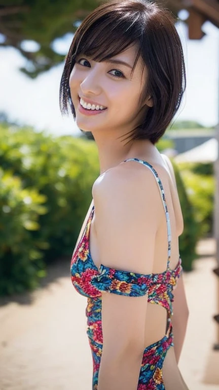 Highest quality, shape, Very detailed, finely, High resolution, 8k wallpaper, 完璧なダイナミックな構shape, Beautiful and exquisite, Natural Lip, whole body, Navel exposure, front,bangs、University classroom、(((Floral Bikini))),Brown Hair、(Thighs)、The correct five fingers、Looking into the camera,(((Micro Bikini))),smile