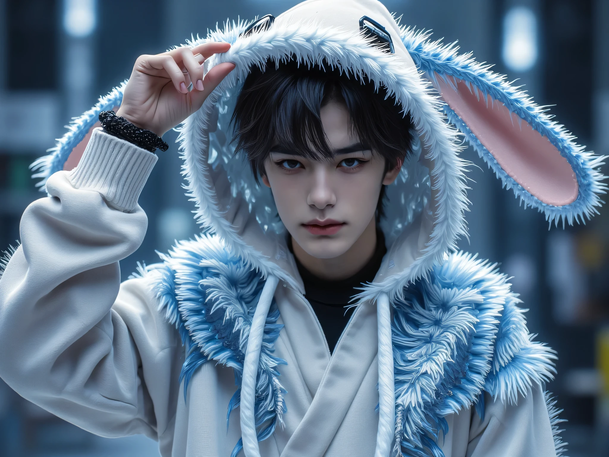 20 year old man, very handsome, Chinese Series Stars, white, handsome face, super slim, หน้าคนclear, Look at the camera,  Sweet Smile, Left Hand Raised, The left hand holds a hat with ears adorned with the Pikachu of the sweater., Close your left eye, Wink, smiles, sees the teeth, cute, Mad Mafia, ผมสีดำ, messy classic hair-style, side hair style, ผมสีดำ, I'm up , Business Hairstyles, short hair, Masterpiece, Best Quality,  a man, confident posture, Detailed image, clear, Shiny, very handsome, Cold Tea Face Paint, Wear a pyravet dress, Pikachu Sweater Outerwear, Pokemon, Pikachu Cosplay ,one man, reflect, top body model, Display Area Background, Cosplayer Event, องค์ประกอบclear, front view.