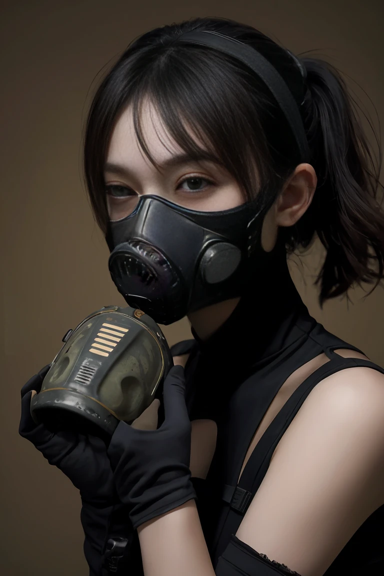 (((masterpiece))), (((Highest quality))), ((Very detailed)), (Highly detailed CG illustrations), ((close your eyes)), ((gas mask)), ((bare hands)) ((Very delicate and beautiful)),(Cute and delicate face),Cinematic Light,((1. Machine Girl)),alone,whole body,(Machine made joints:1.4),((Mechanical Limbs)),(Blood vessels connected to tubes),((Mechanical vertebrae attached to the back)),((Cervical vertebrae mechanically attached to the neck)),((Sitting)),Feeling facial expression,(Wires and cables connecting the head and body:1.5),(Character Focus),SF Black Hair Sweaty face cute