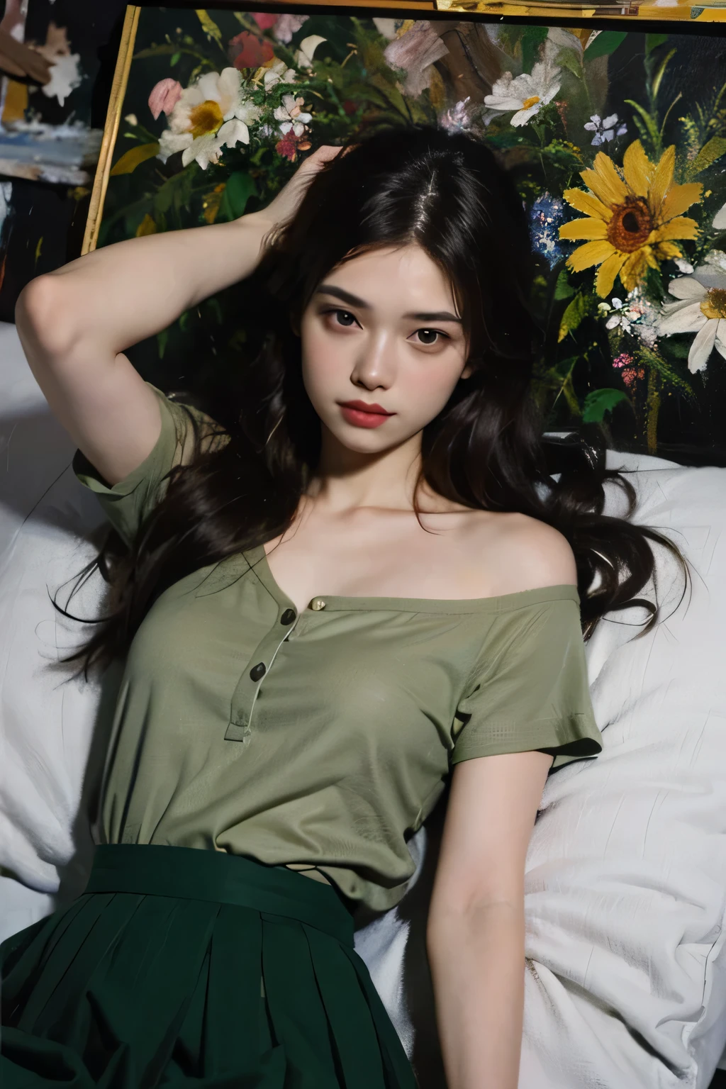 masterpiece, real photo, 21yo girl with long brown hair, wearing a green graphic t-shirt, a plaid flannel jacket, and a choker necklace, medium big breast, lying pose on the field in an outdoor setting. She has a backpack beside her, the background is filled with greenery and yellow flowers. The girl looks tired, (tired), (sweat:0.5), (wet:0.5), (wet hair:0.5), (from above:1.3)