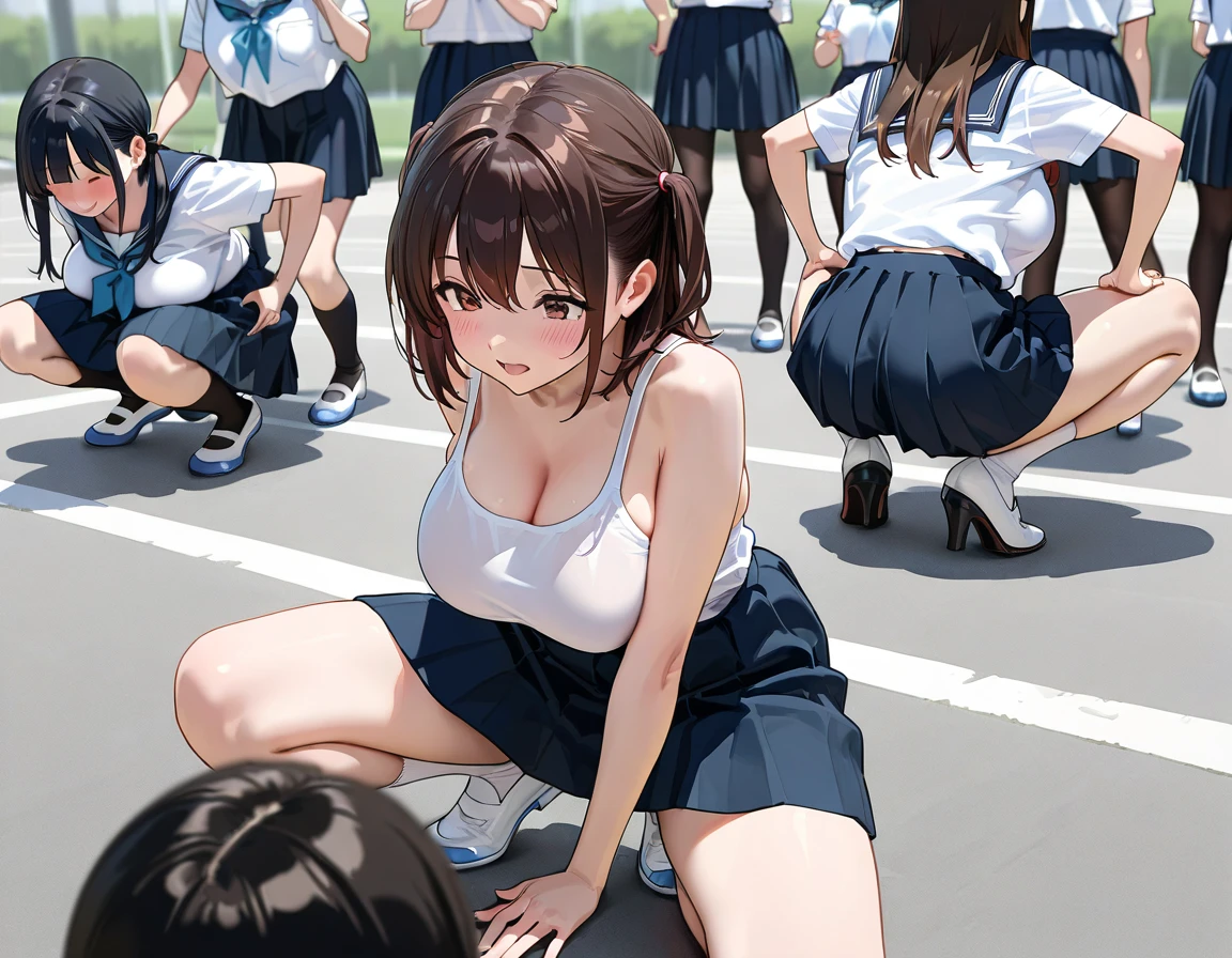 student nudist squatting、homeliness、Joy、in group photograph、whispering、sparse crowd、great laughter、Naked Sacrifice、Group Selfies