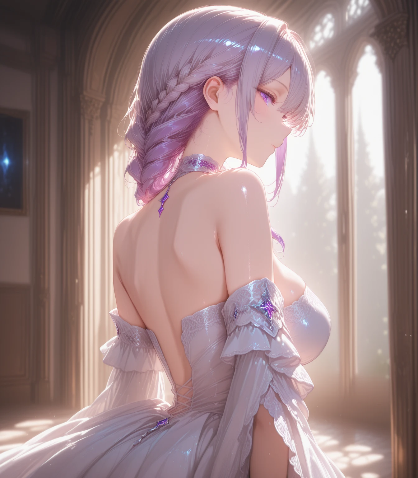 (1girl:1.3), (photorealistic:1.4), (masterpiece, top quality, best quality, official art), extreme detailed, highest detailed, (ultra-detailed), ((an extremely delicate and beautiful)), cinematic light, contemporary, silky long hair, forwards, nightgown, butt crack, squatting, shy, blush, (looking back:1.4),