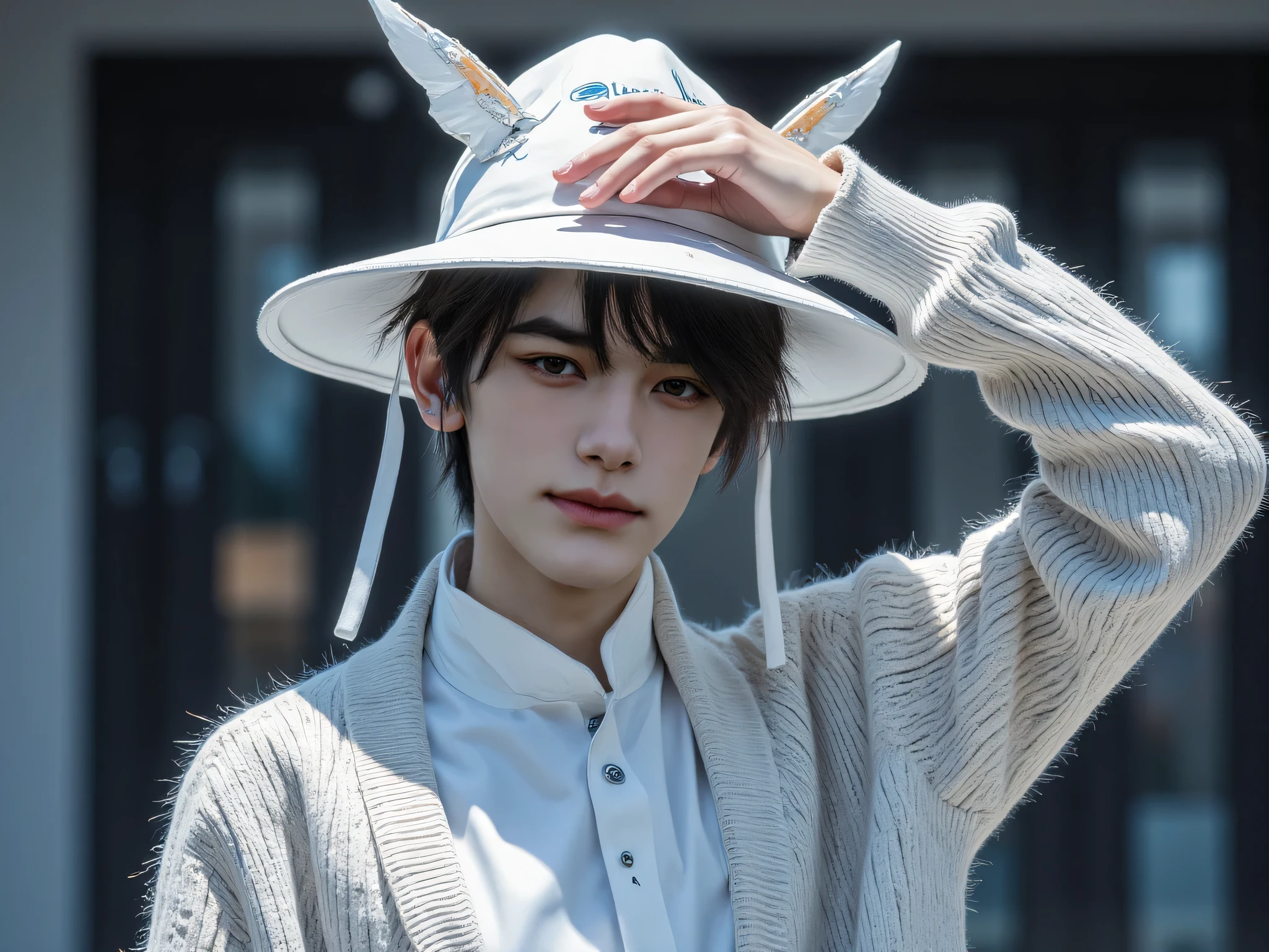 20 year old man, very handsome, Chinese Series Stars, white, handsome face, super slim, หน้าคนclear, Look at the camera,  Sweet Smile, Left Hand Raised, The left hand holds a hat with ears adorned with the Pikachu of the sweater., Close your left eye, Wink, smiles, sees the teeth, cute, Mad Mafia, ผมสีดำ, messy classic hair-style, side hair style, ผมสีดำ, I'm up , Business Hairstyles, short hair, Masterpiece, Best Quality,  a man, confident posture, Detailed image, clear, Shiny, very handsome, Cold Tea Face Paint, Wear a pyravet dress, Pikachu Sweater Outerwear, Pokemon, Pikachu Cosplay ,one man, reflect, top body model, Display Area Background, Cosplayer Event, องค์ประกอบclear, front view.