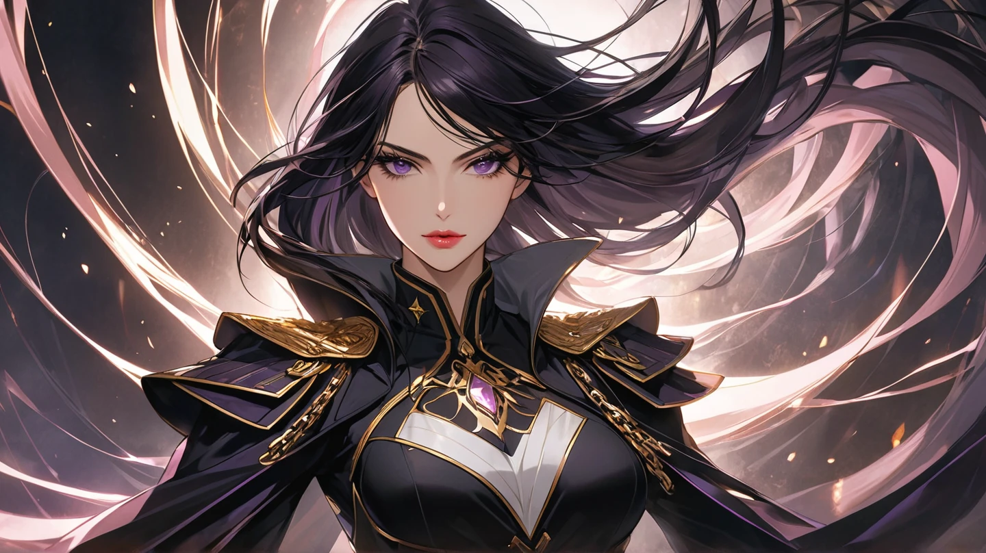 Portrait, Masterpiece, Excellent, 1girl, solo, complex details, color diffusion, close-up, pale female, Asian female, female giant, black hair, dark hair, golden eyes, elegant attire, sensual attire, epic, mage, goddess, Sci-Fi, Fantasy