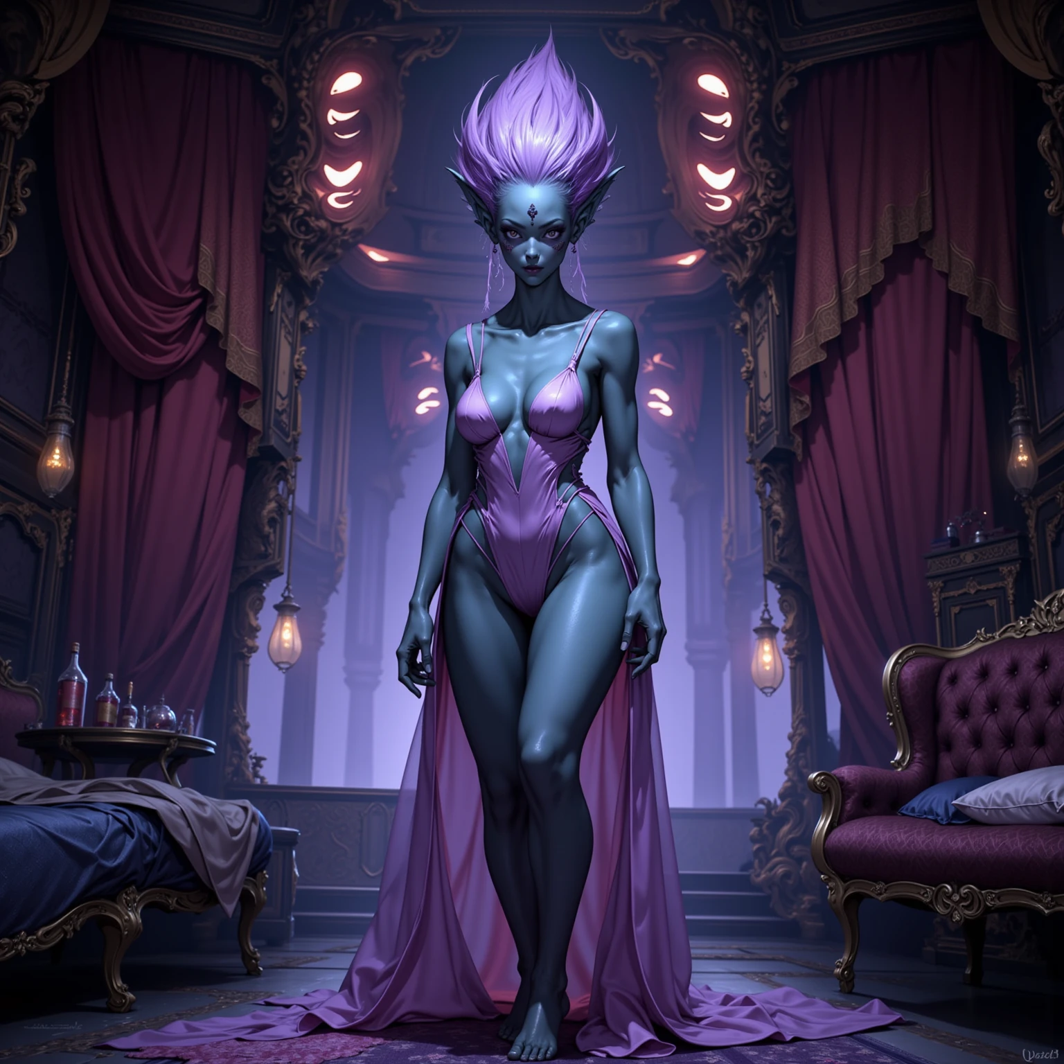 Full body, Princess Zelda as a humanoid possum, with purple fur, large breasts, in a maid outfit inside a cigarette-lit cave, multiple monochrome, Gothic art, 16k, highres, best quality, award winning, high details, anatomically correct, masterpiece, UHD, ccurate, retina