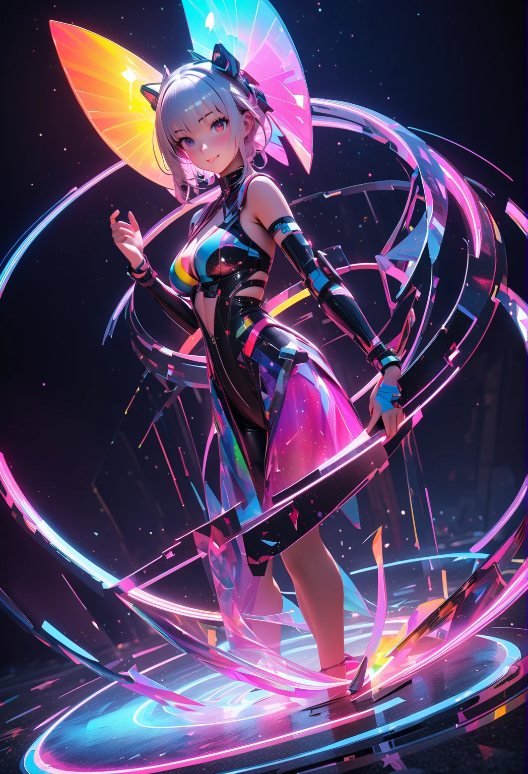 holography, draw in neon colors:1 girl:Future, transparent, Three dimensions, light, SF, Digital art, Digital, scientific, dark background: electronic circuit: draw in neon colors, 3D, masterpiece, Digital space, energy, beautiful, masterpiece, 8K, light, be familiar with, lively, colorful, nice, beautiful, rich colors, beautiful Light Lines. magic effect, Sparkling, beautiful Light Grains;Megumin