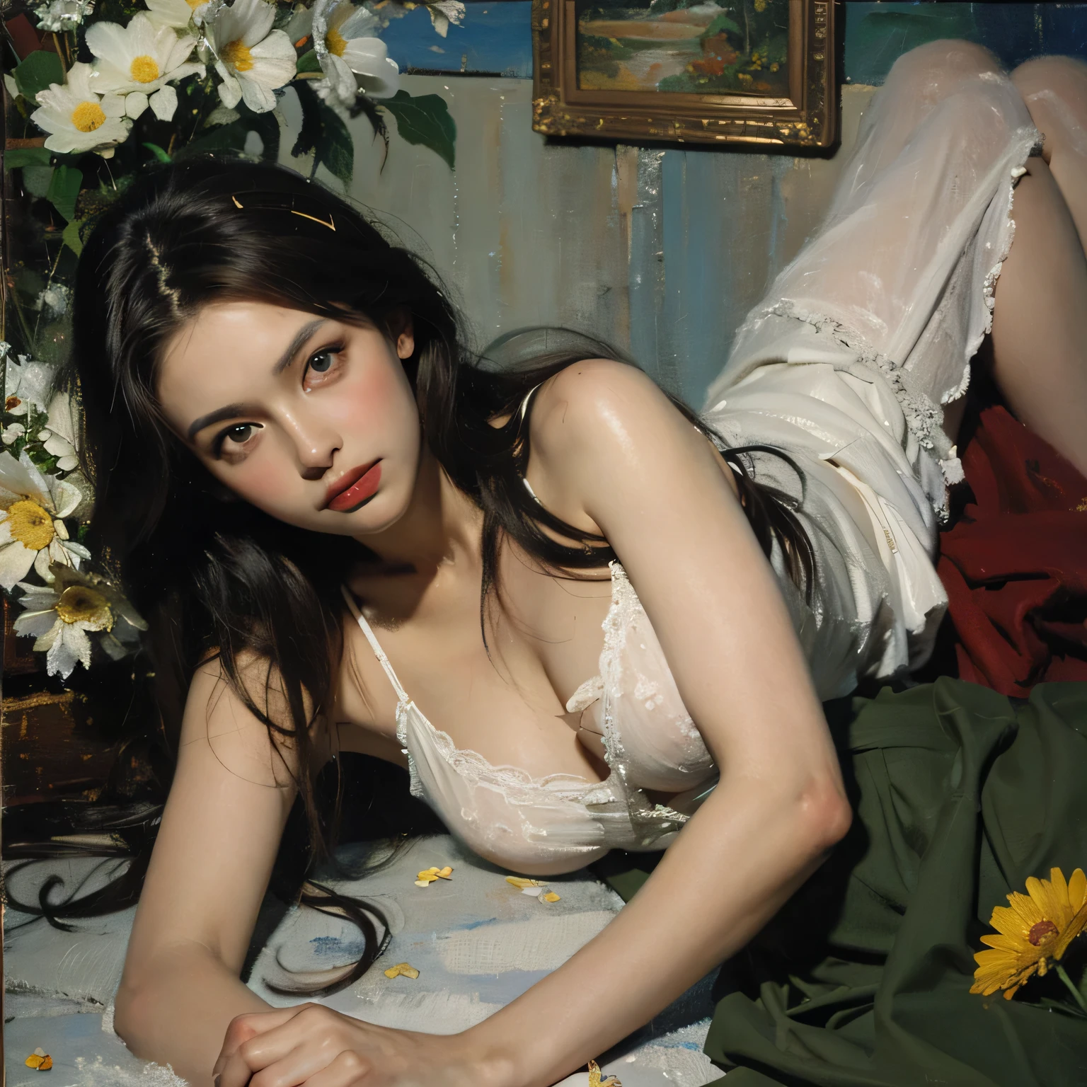 sexy art, (masterpiece, top quality, best quality, official art, beautiful and aesthetic:1.2), (1girl), extreme detailed,(fractal art:1.3),colorful,highest detailed chiaroscuro technique on illustration of an elegant oldies , wet hair, vintage, eerie, matte painting, by Hannah Dale, by Harumi Hironaka, extremely soft colors, vibrant, highly detailed, digital illustrations , high contrast, dramatic, refined, tonal, emotional expression, golden ratio, (Oil painting: 1.5), \\ A woman with long black hair and white flowers in her hair lies in a field of white flowers, (Amy Saul: 0.248), (Stanley Ateg Liu: 0.106), (a detailed painting: 0.353), (Gothic art: 0.106), {{{{{Very detailed body}}}}, {{{Very detailed finger}}}
