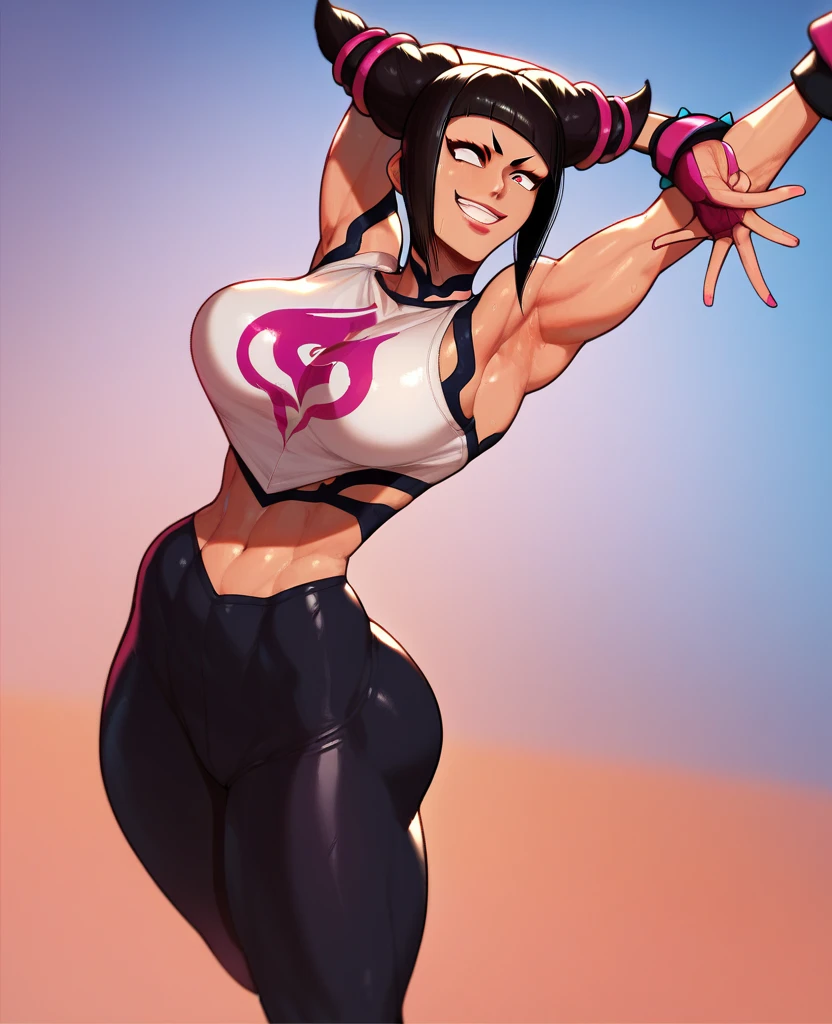 cuerpo completo, desnudo, Pose de lucha, dinamic poses, Female character design sheet., piel bronceada, muscular, Pecho grande, gafas, cabello exuberante, purple hair, Pelo de cola de caballo, boxeo femenino, pink boxing gloves with spikes, mochila morada, estilo pelea estrellas