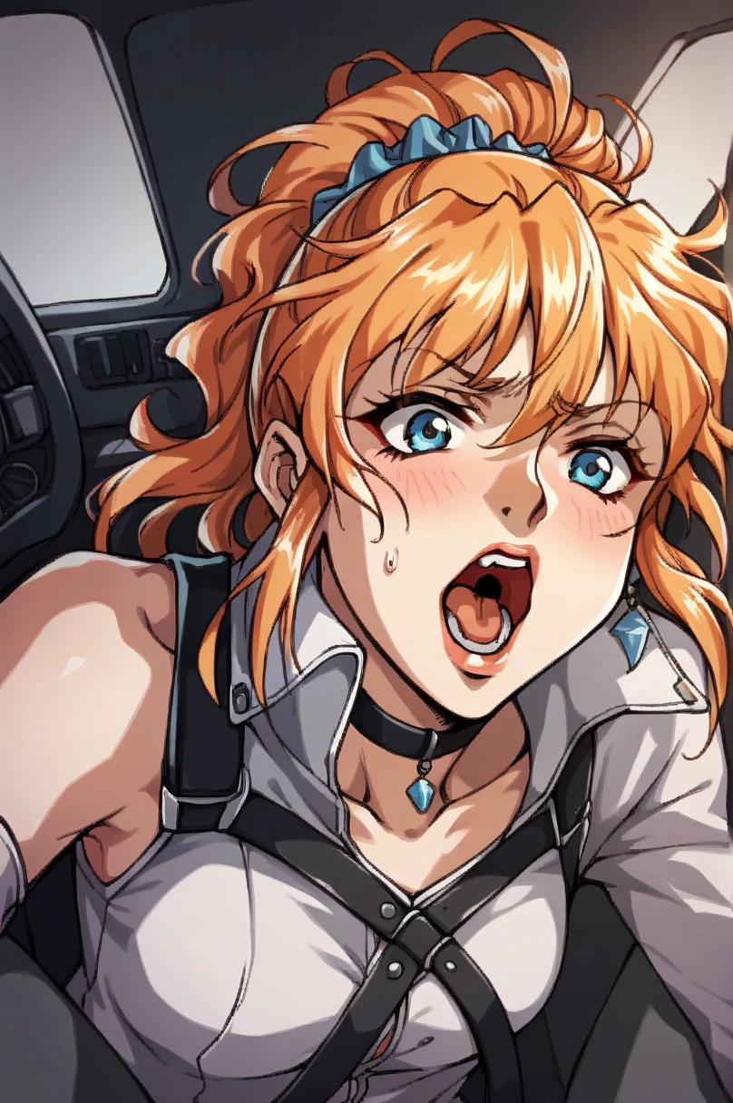 1girl, light furry blonde hair, one big ponytail, side bangs, choker, makeup, black eyeliner, black eyeshadow, black eyelashes, naked, closed eyes, 1boy, penis in mouth, oral sex, inside the car, desert