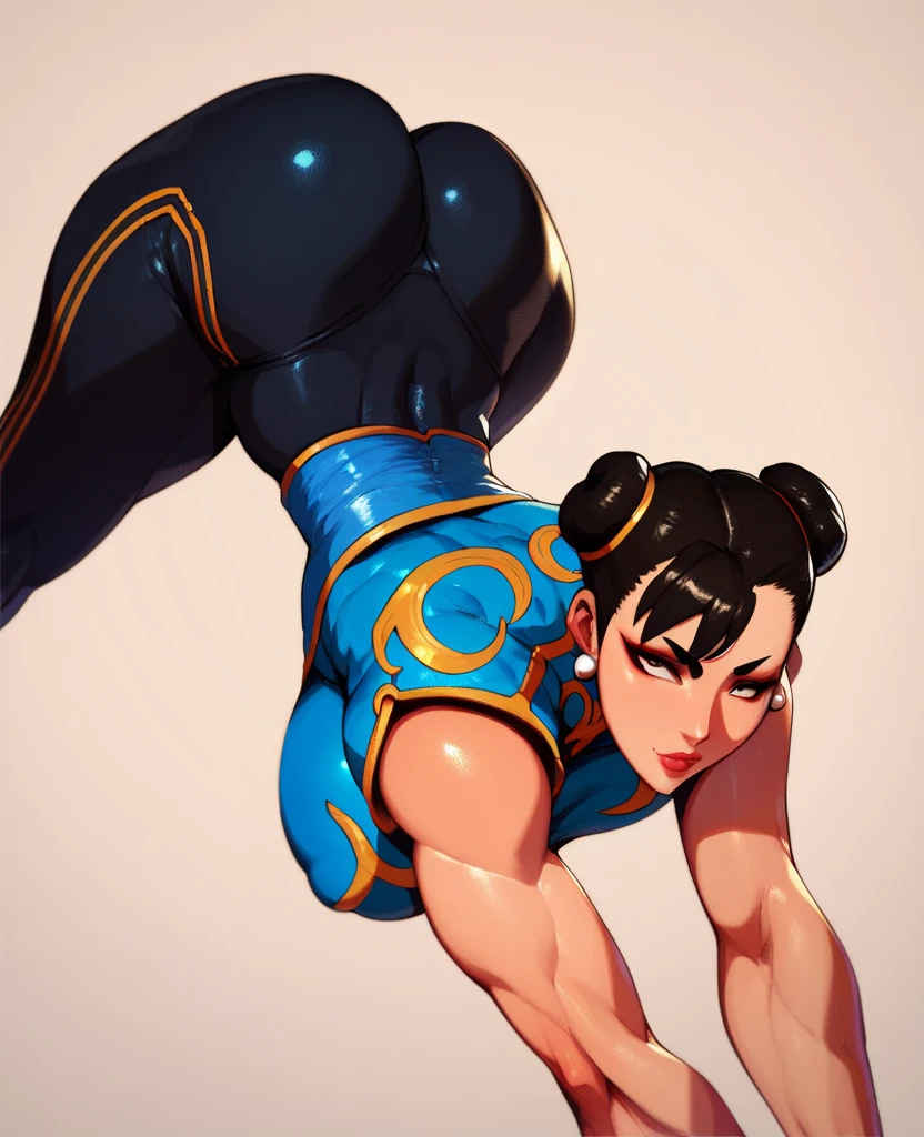 (masterpiece, best quality:1.4), (standing on one leg:1.2), (standing split:1.3), 1girl, solo, sfa chun, blue vest, unitard, blue pants, skintight, yellow ribbon, short hair, sneakers, bare shoulders, looking at viewer, beautifull smile, beautiful face, highly detailed face, highly detailed eyes, subsurface scattering, realistic pupils, full face blush, full lips, detailed background, depth of field, volumetric lighting, sharp focus, absurdres, realistic proportions, 16k hdr, fullbody, hand holding one leg up, street fighter, musclar, abs