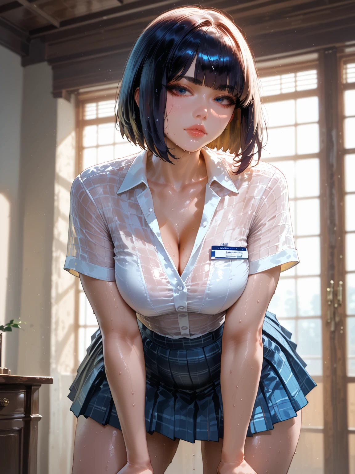 1 woman, 17 years old, (short haircut, brown hair), scared face expression, plump body, blue eyes, Indonesian high-school uniform, (wearing transparent white shirt, showing bra), osis logo on shirt pocket, huge XL breasts, light-grey pleated skirt, sitting on a chair, seductive pose, full body shot, smiling, in the classroom.