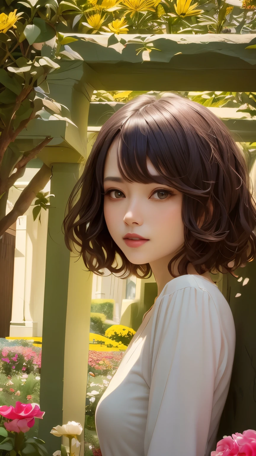 382 (20 year old woman),(short hair),(gentle smile),(high quality photos),( cinematic pictures playing on the lawn ),(colorful),(Gorgeous flowers),((contrast between light and shade))