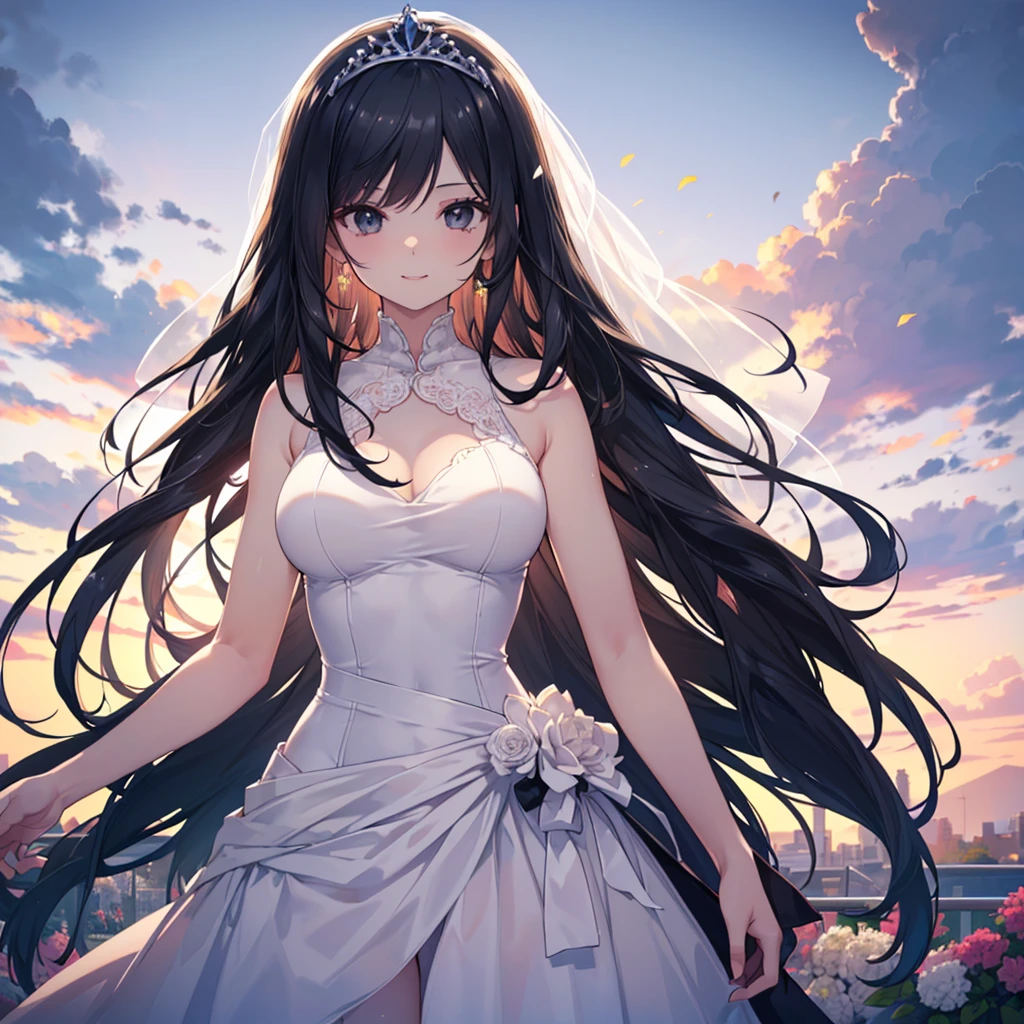 Modern, stylish wedding scene set against the backdrop of a mysterious, realistic outer space. The bride, adorned in a sleek, elegant white gown, gazes up at the night sky with a sense of wonder and awe. The moon, a large, blue orb, looms in the background, casting a gentle, ethereal glow over the scene. The wedding setup is meticulously designed, with intricate details and subtle accents that add to the overall realism of the scene. The background is filled with swirling clouds and shimmering stars, creating an enchanting and otherworldly atmosphere. The bride's veil flows in the gentle breeze, and her long, wavy hair cas