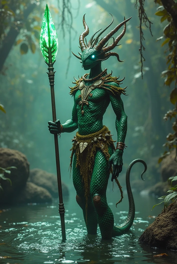 Create a mascot inspired by Tupi mythology, that he is a protector of the waters, that has scaly skin, an object that emanates power, that has elements of nature
