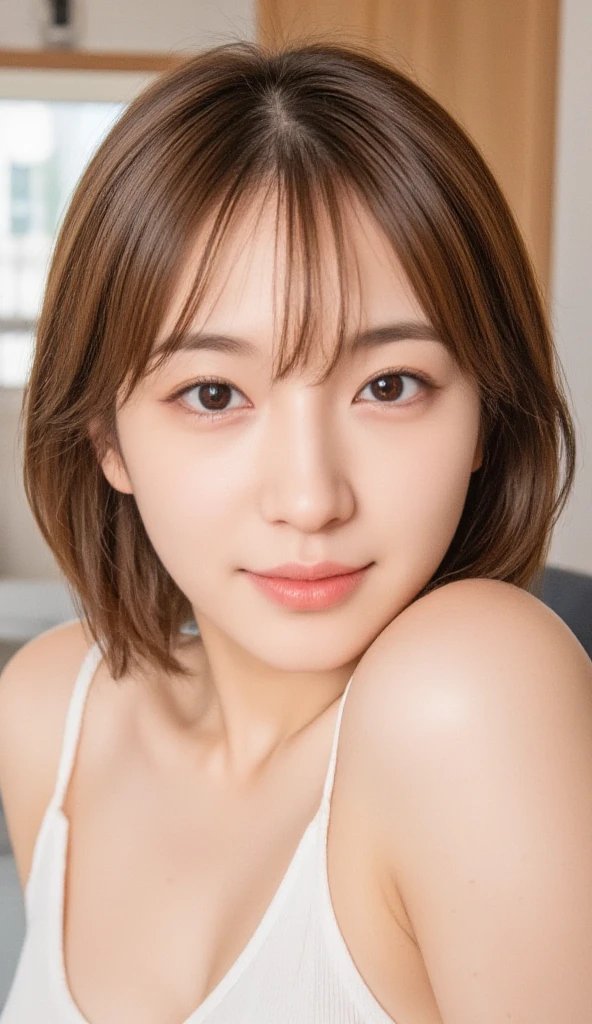 (Highly realistic photos, High resolution, Detailed face, Fine grain), ((Shooting in the room))、Japanese women, 20-year-old, A variety of expressions, alone:1, Slim figure, Round eyes、Various hairstyles, Casual clothing, 写真の中でalone、Selfie、Photographed in natural light、Simple Necklace、Spring Clothes、Looking at the camera、profile、Dark Brown Hair Color、The chest is visible、smile