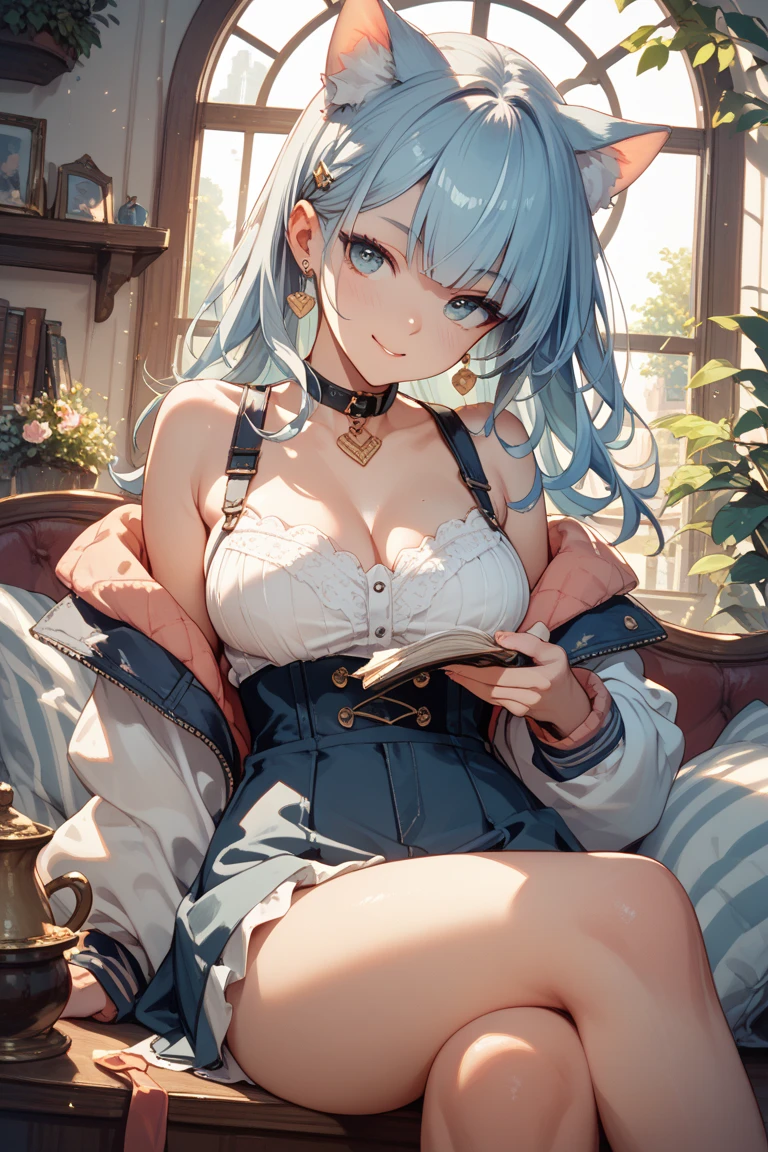 Anime Moe Art Style,highest quality,High resolution,Anatomically correct,One Girl,Mid-teens,A girl with light blue hair in a ponytail,Super detailed,Fantasy-style world,Off-the-shoulder tops,mini skirt,Big Breasts,archive,A rich expression,Laughing with your mouth open,is sitting in a chair and reading a thick book,Eyes drawn in detail,hair ornaments,necklace,bracelet,ring,8K