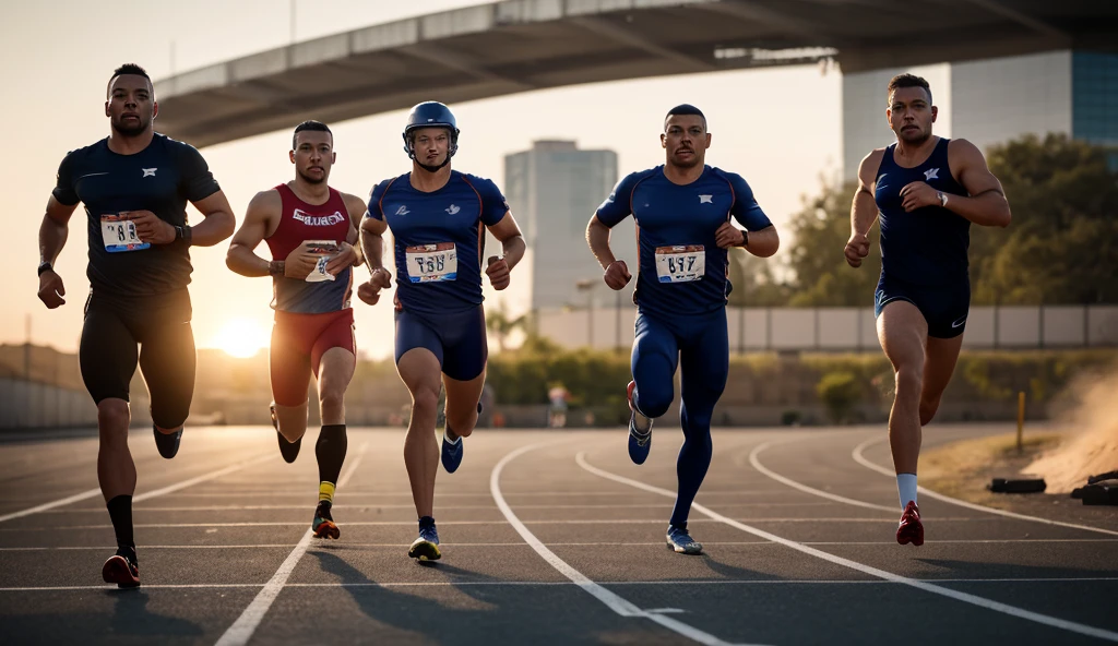 Brown man runner, 4x100 race, blue and red suit, glasses, passing baton --auto --s2