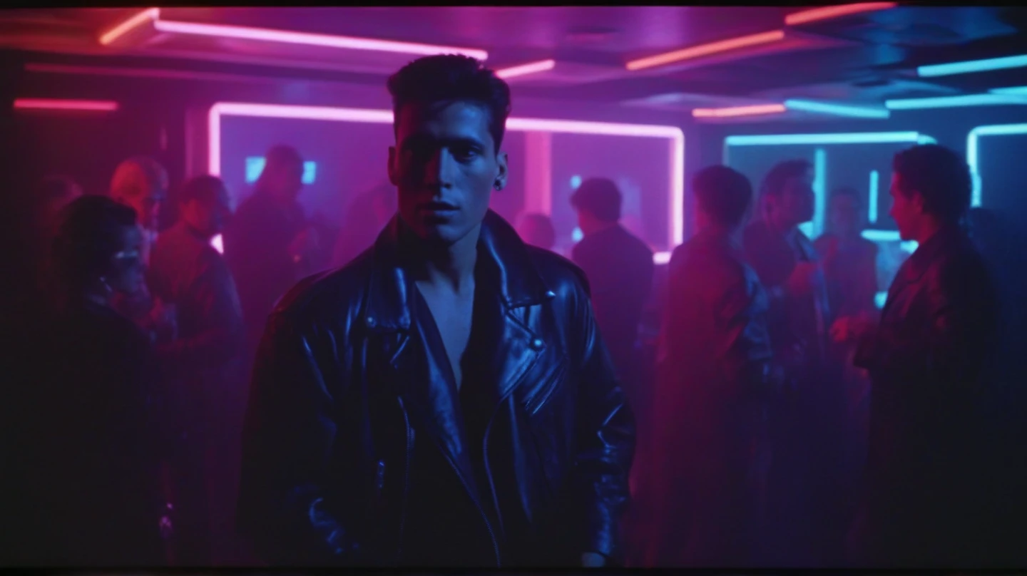 analog 80's style video, shot on Panavision Gold 2, 80s, retro, night, horror movie, in the night of 1988, full shot from the distance, 80s nightclub interior, full height lyoung itallian man with stylish 80s haircut in leather jacket who working dj in club in miami club, night 1987, 80s, vhs, retro, neon lights, 80s, vhs, retro