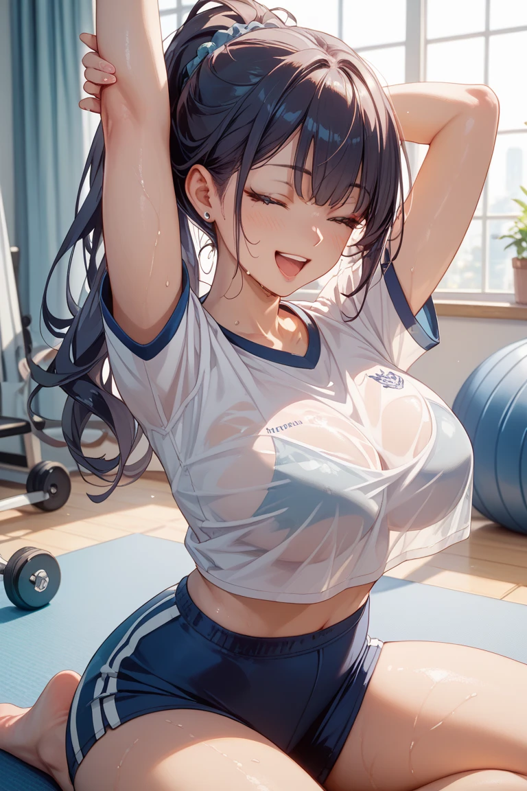 nsfw, ((breasts showing)), (8K, high resolution),((1girl in)), ((Best Quality)), (Ultra-detailed), (extremely detailed CG unified 8k wallpaper), Highly detailed, High-definition raw color photos, Professional Photography, masterpiece,highres,high quality, MicchonShikimori,1girl, solo,sweat,sweatdrop,wet,tsurime,looking away,long hair,high ponytail,blush,hair ribbon,gym uniform,t-shirt,short sleeves,parody,upper body,indoors,v-shaped eyebrows,:o,parted lips,,arms up,raise bangs,hands on own head,hands in hair,forehead,collarbone, style parody,meme,official style,wooden floor,anime coloring,blurry,blurry background, sleevesless, armpits, full body, bottom less, , pussy, vaginal, bare shoulders, crop top, , clothes lift