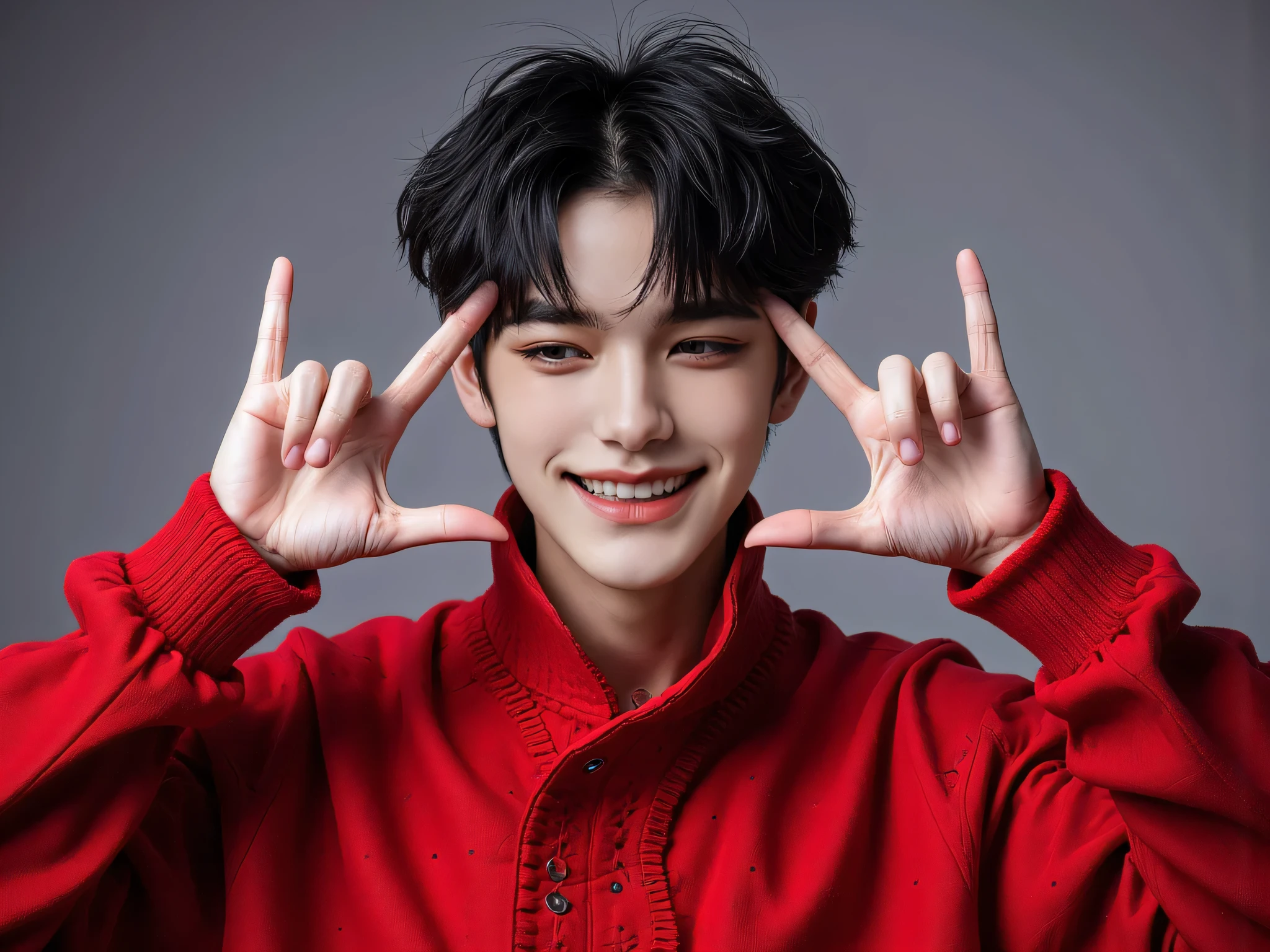 20 year old man, very handsome, Chinese Series Stars, white, handsome face, super slim, หน้าคนclear, Look at the camera,  Sweet Smile, Left Hand Raised, The left hand holds a hat with ears adorned with the Pikachu of the sweater., Close your left eye, Wink, smiles, sees the teeth, cute, Mad Mafia, ผมสีดำ, messy classic hair-style, side hair style, ผมสีดำ, I'm up , Business Hairstyles, short hair, Masterpiece, Best Quality,  a man, confident posture, Detailed image, clear, Shiny, very handsome, Cold Tea Face Paint, Wear a pyravet dress, Pikachu Sweater Outerwear, Pokemon, Pikachu Cosplay ,one man, reflect, top body model, Display Area Background, Cosplayer Event, องค์ประกอบclear, front view.